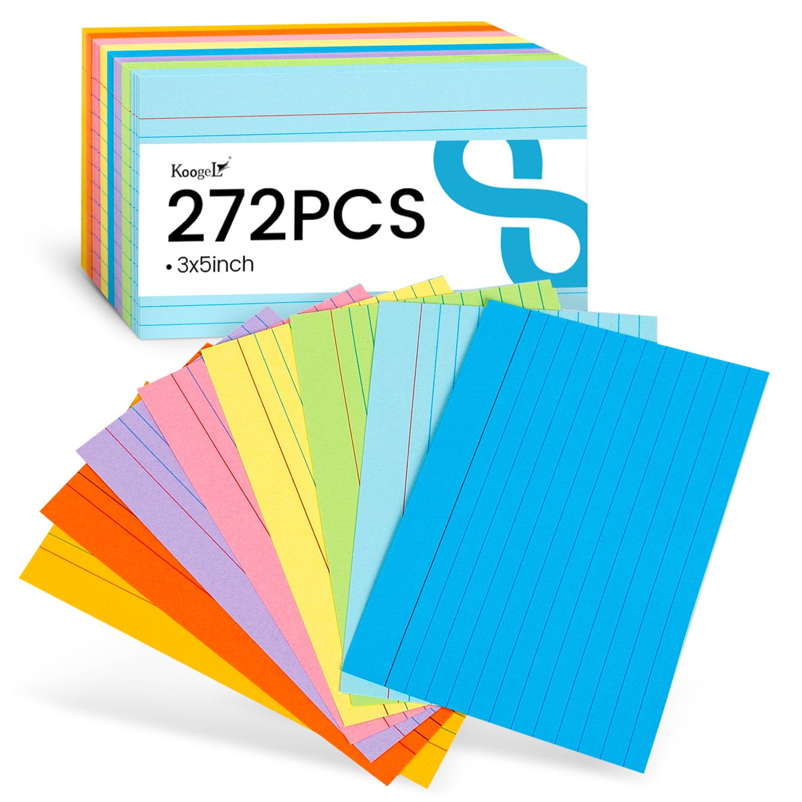 Koogel 3x5 Inch Index Cards, 272-Pack - Ruled Both Sides, 8 Colors for Study & Office