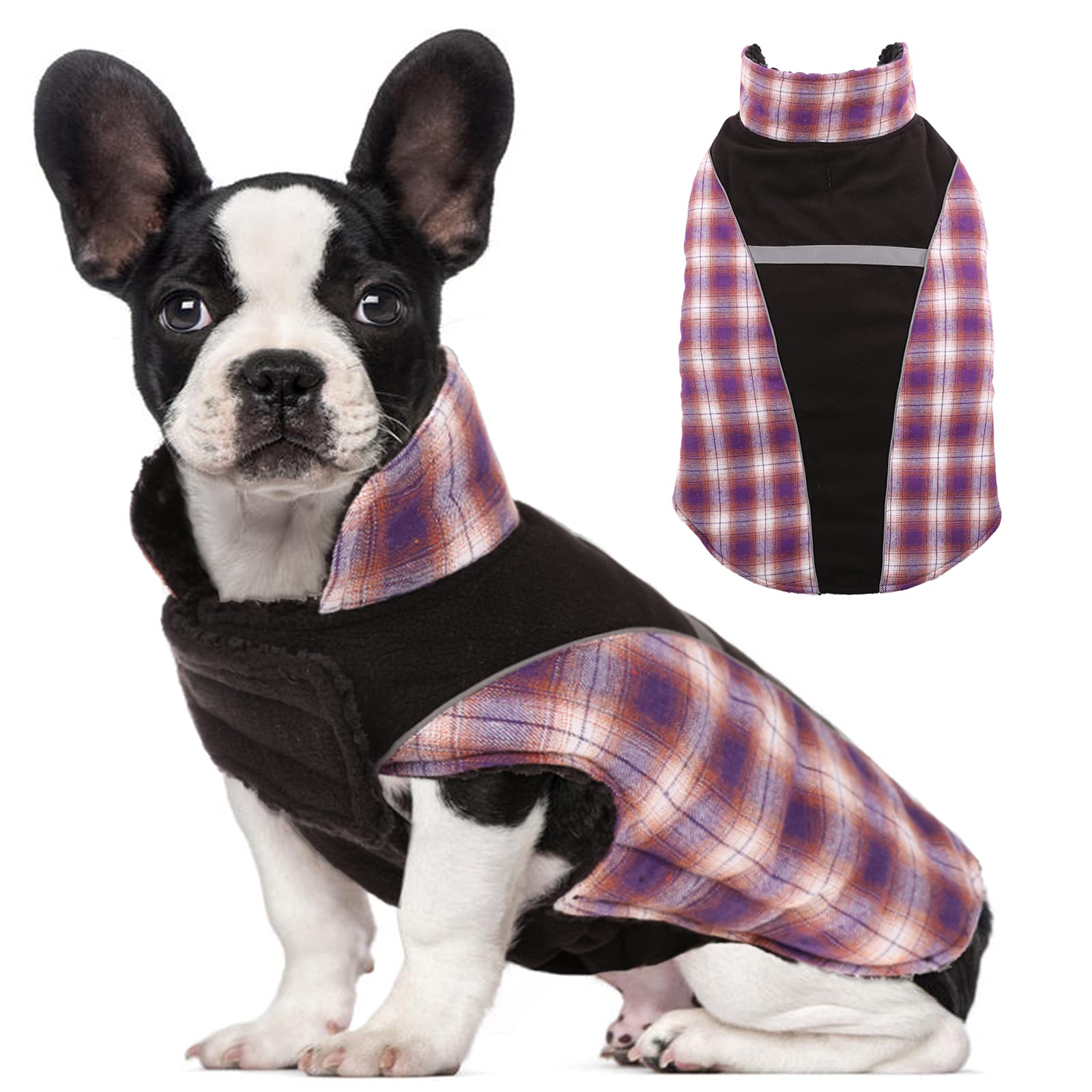 Nanaki Classic Plaid Warm Dog Jacket - Reversible Winter Dog Coat for Cold Weather | Windproof & Reflective Dog Winter Clothes with Furry Collar & Elastic Abdomen | Small Medium Large Dogs Puppies | Perfect for Outdoor Walks, Winter Adventures & Nighttime Safety