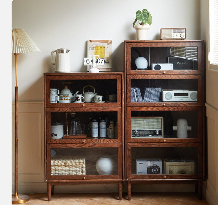 Solid Black Walnut & Oak Wood Glass Flip Door Bookcase - Modern Side Cabinet for Living Room, Office & Bedroom Storage