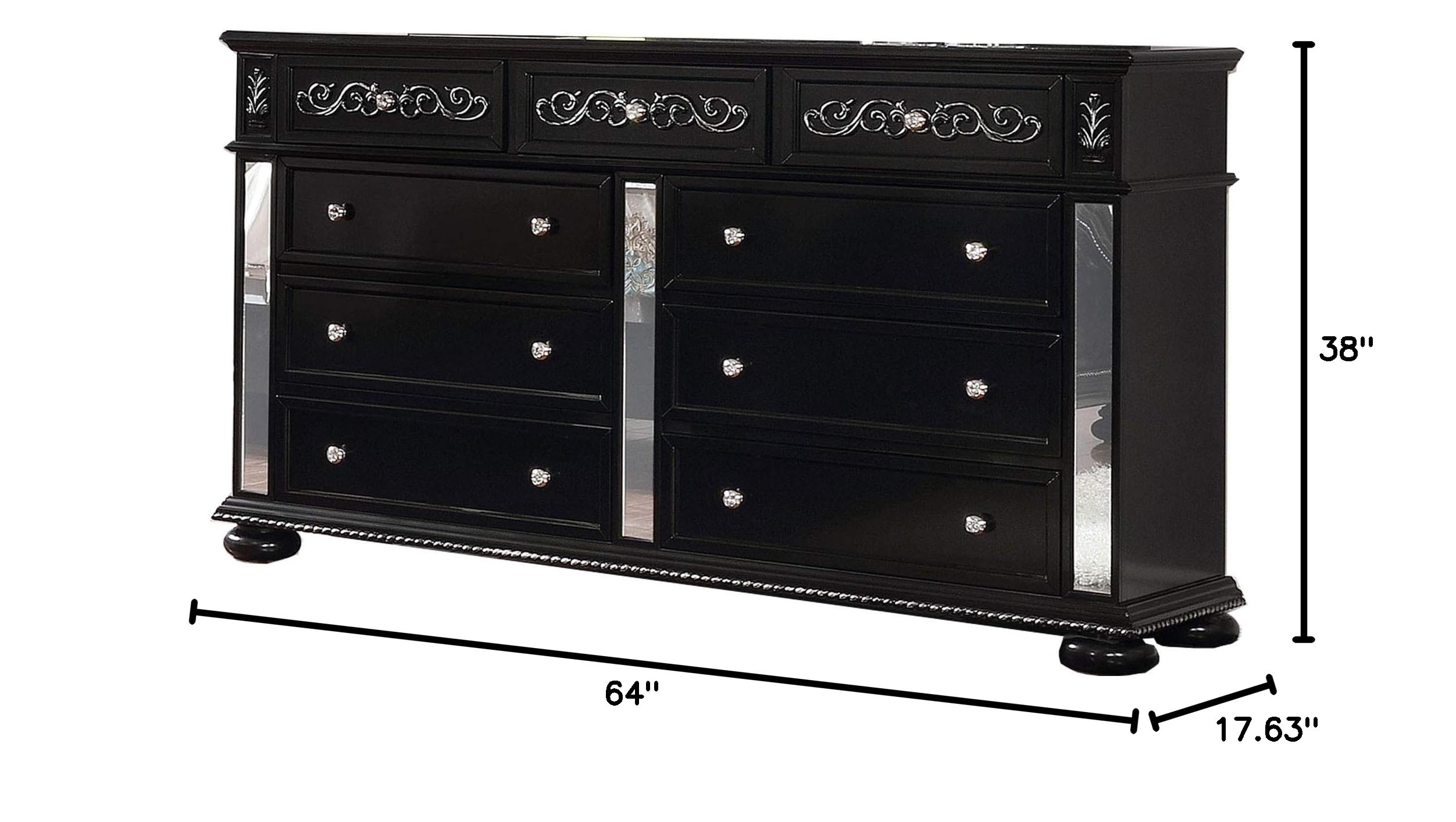 Benjara Black & Clear Wooden 9-Drawer Dresser with Mirror Inset & Bun Feet - Perfect for Bedroom Storage & Organization