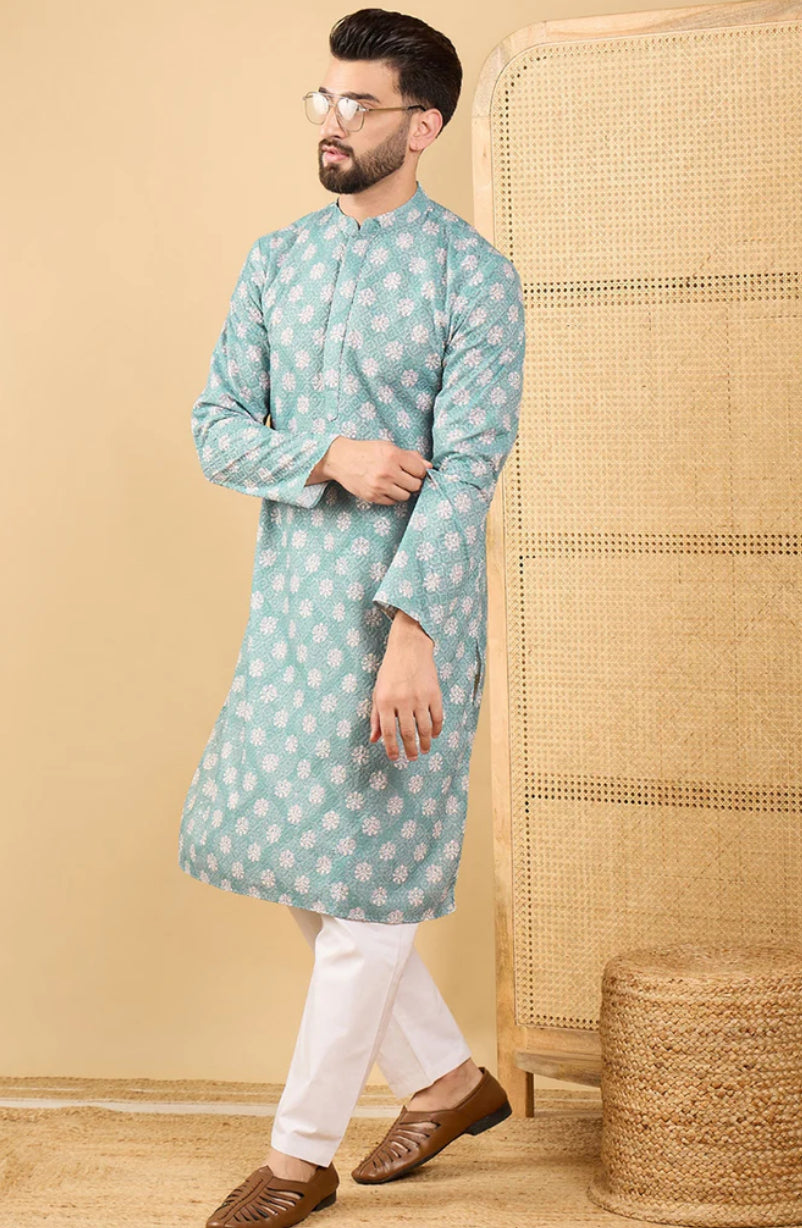 Men's Sea Green Embroidered Straight Chikankari Kurta | Traditional Indian Cotton Tunic | Perfect for Festivals, Weddings & Casual Wear