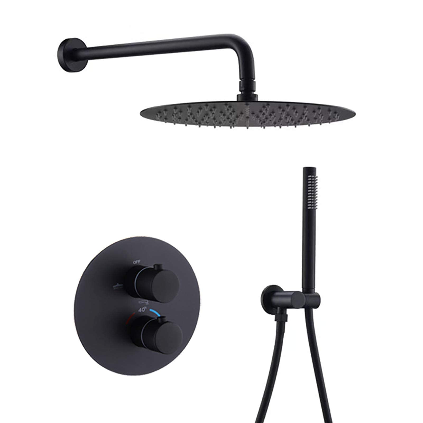 Wall Mounted Black Thermostatic Shower Combo Set with 10 Inch Round Stainless Steel Shower Head & Handheld Sprayer - Modern Bathroom Faucet System with Embedded Box for Spa-Like Experience | Perfect for Master Bathrooms, Guest Suites & Luxury Home Renovations