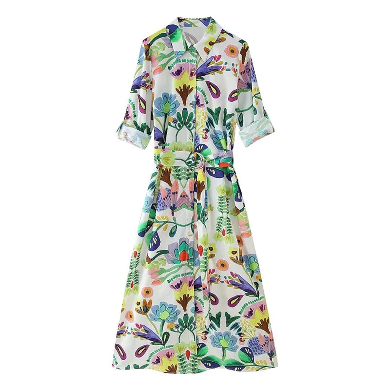 Floral Print Long Sleeve Midi Dress for Women - Summer Button Down Maxi Dress with Belt | Perfect for Beach Vacations, Date Nights & Casual Outings