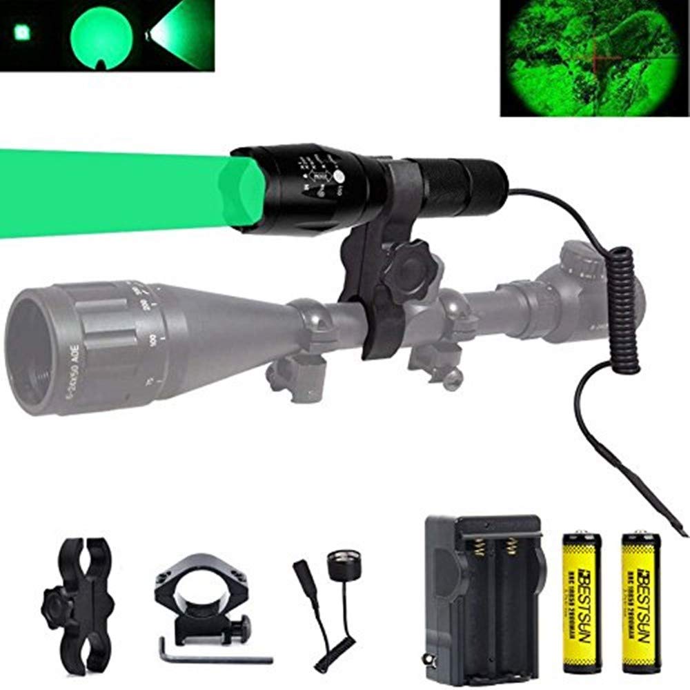 BESTSUN 350 Yards Green LED Tactical Hunting Flashlight - Zoomable Predator Light for Coyote & Varmint Hunting with Pressure Switch, Rail & Scope Mounts, Batteries & Charger - Perfect for Night Hunting, Camping & Outdoor Adventures