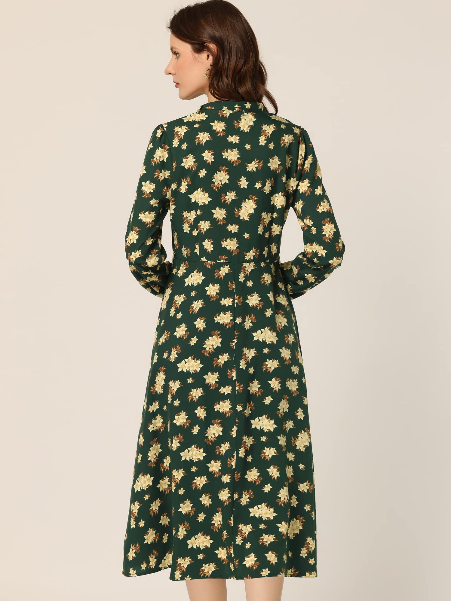 Allegra K Women's Floral Print Belted Bow Tie Neck Long Sleeve Midi Dress for Work, Party & Special Occasions