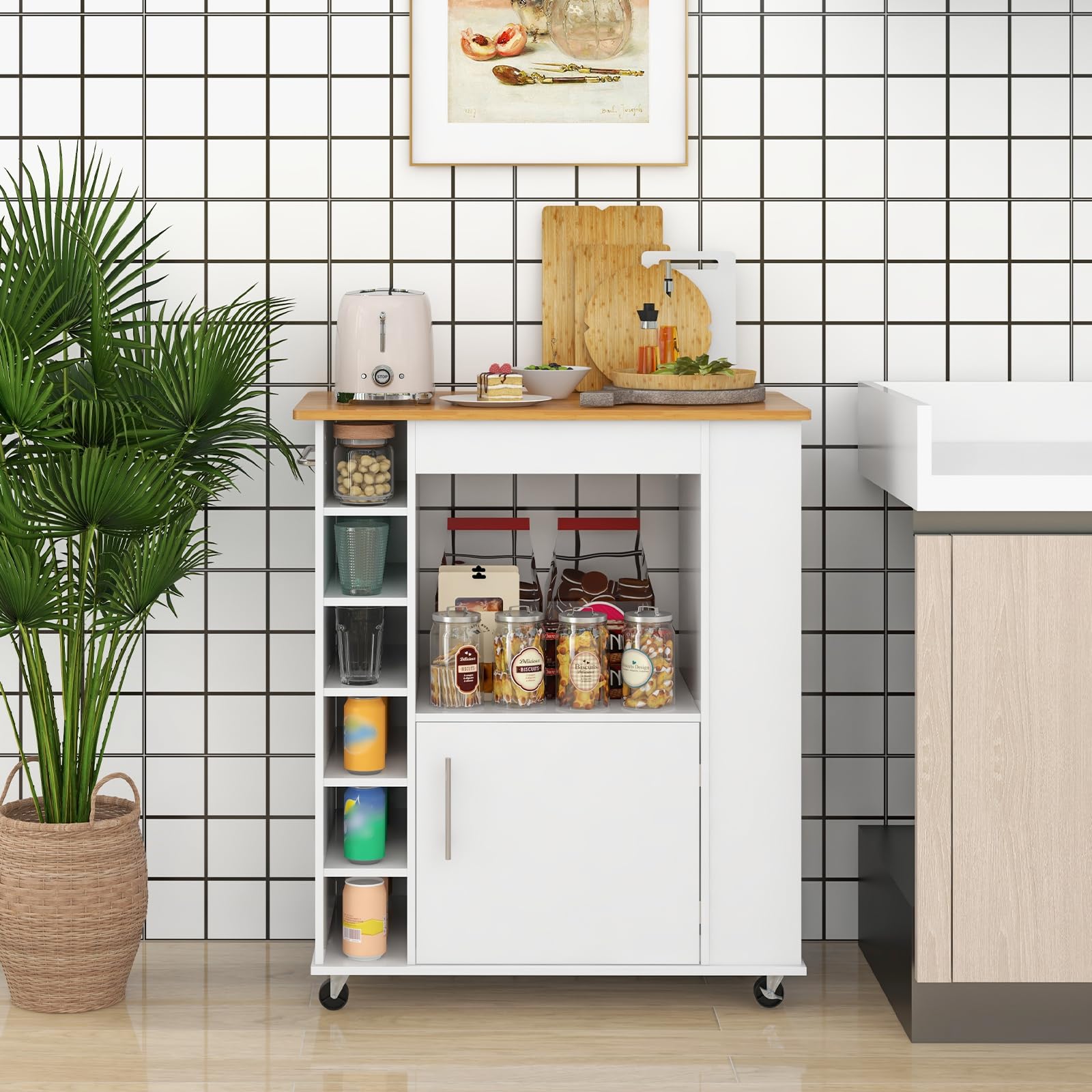 Giantex Mobile Kitchen Island Cart with Storage Cabinet, Bamboo Top & Wheels - 6-Bottle Wine Rack, 3-Tier Spice Rack, Towel Holder - White Rolling Microwave Stand for Small Spaces, Dining Room, Coffee Bar & Apartment Cooking