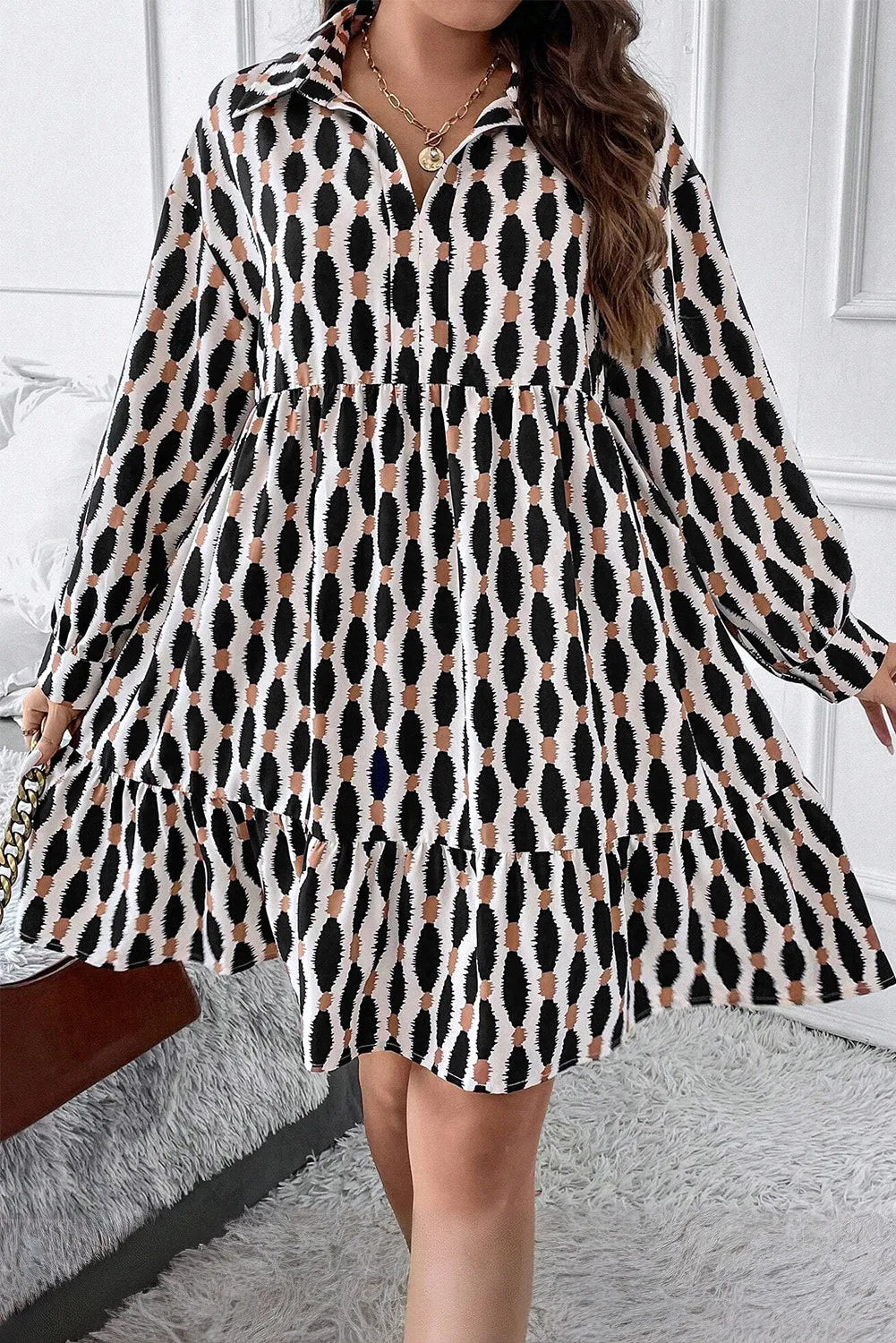 Stylish Plus Size Printed Johnny Collar Long Sleeve Resort Dress for Women - Perfect for Beach Vacations, Summer Getaways & Casual Outings