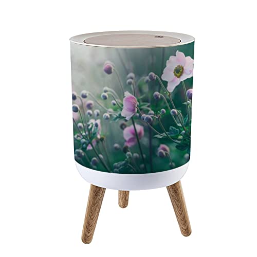 7L/1.8 Gallon Press-Top Trash Can with Anemone Floral Design & Wooden Legs - Dog-Proof Round Garbage Bin for Kitchen, Bathroom, Outdoor Use - Perfect for Waste Disposal in Home, Office, and Patio Areas