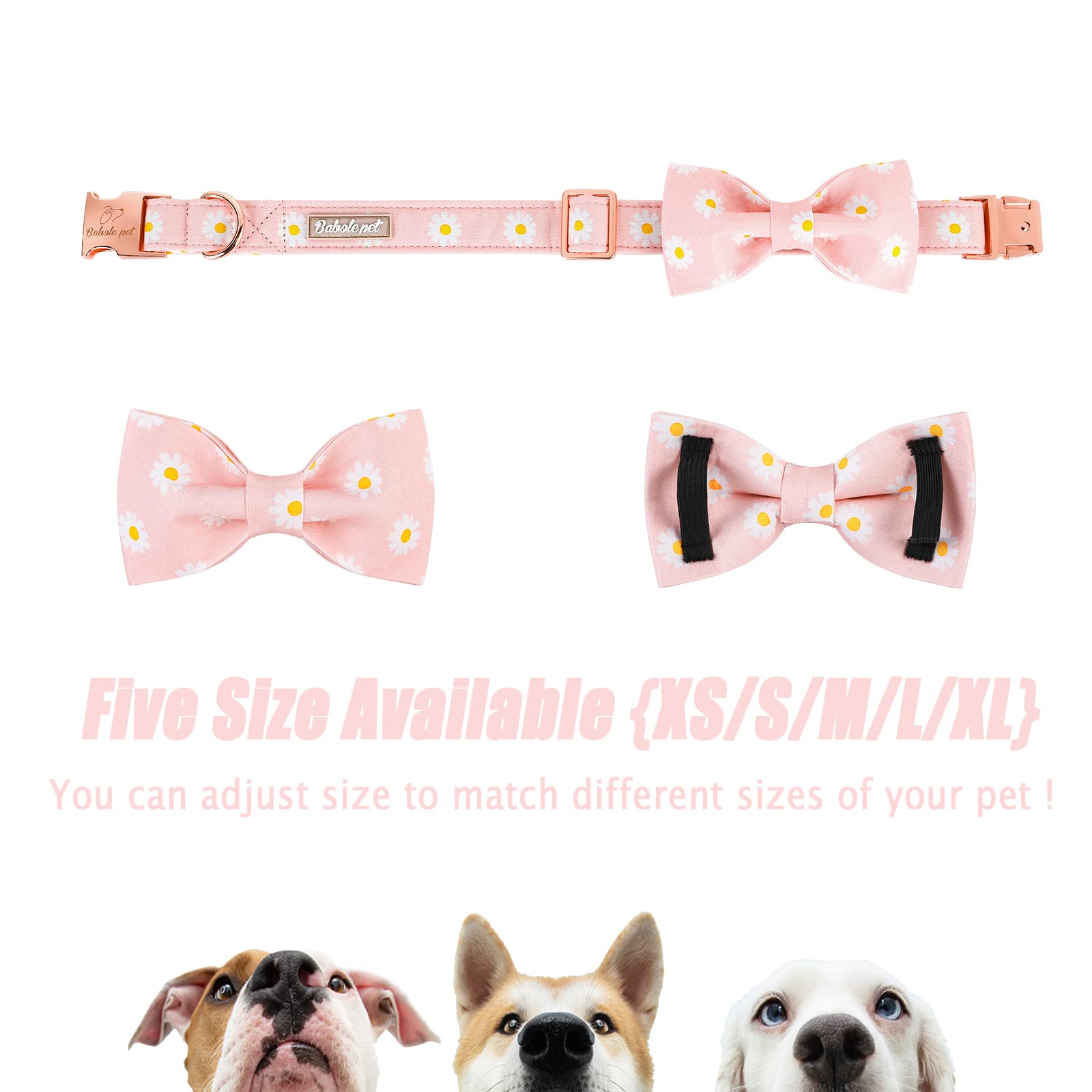 **Pink Daisy Bow Tie Dog Collar - Adjustable Cotton Puppy Collar with Safety Metal Buckle for Small, Medium & Large Dogs (13.5