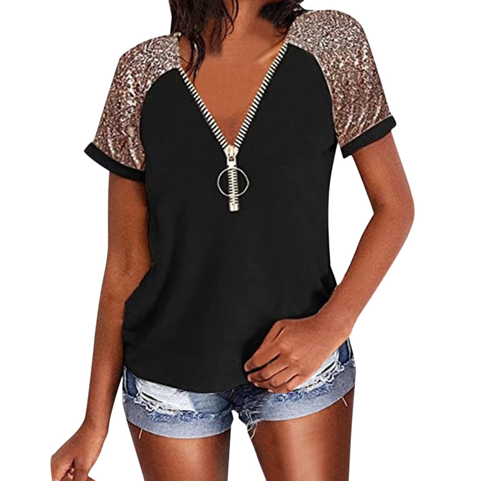 Sparkly Sequin Short Sleeve V-Neck T-Shirt for Women - Glitter Loose Blouse Top with Collar | Party Wear, Night Out, Club Outfit, Casual Chic Style
