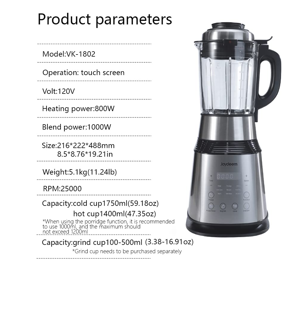 Joydeem VK-1802 1000W Countertop Blender with Vacuum Pump - 59oz Large Capacity for Soy Milk, Soup, Porridge, Milkshakes & Juicing - Pre-set Programs & Keep Warm Function - Perfect for Smoothies, Meal Prep & Healthy Drinks - Black