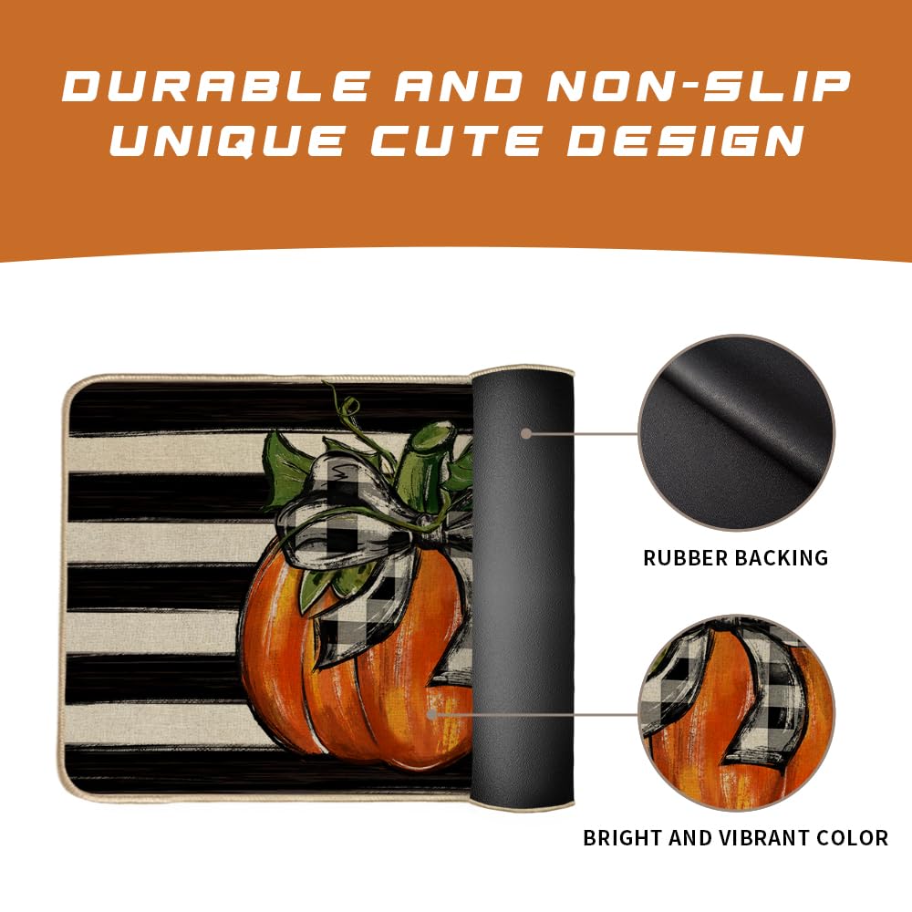 GEEORY Fall Kitchen Mats Set of 2 - Striped Pumpkin Bowknot Non-Slip Floor Mats for Farmhouse Decor, Thanksgiving & Holiday Season, 17x29 & 17x47 Inch (Striped) GK068 - Perfect for Entryway, Living Room & Seasonal Home Decor