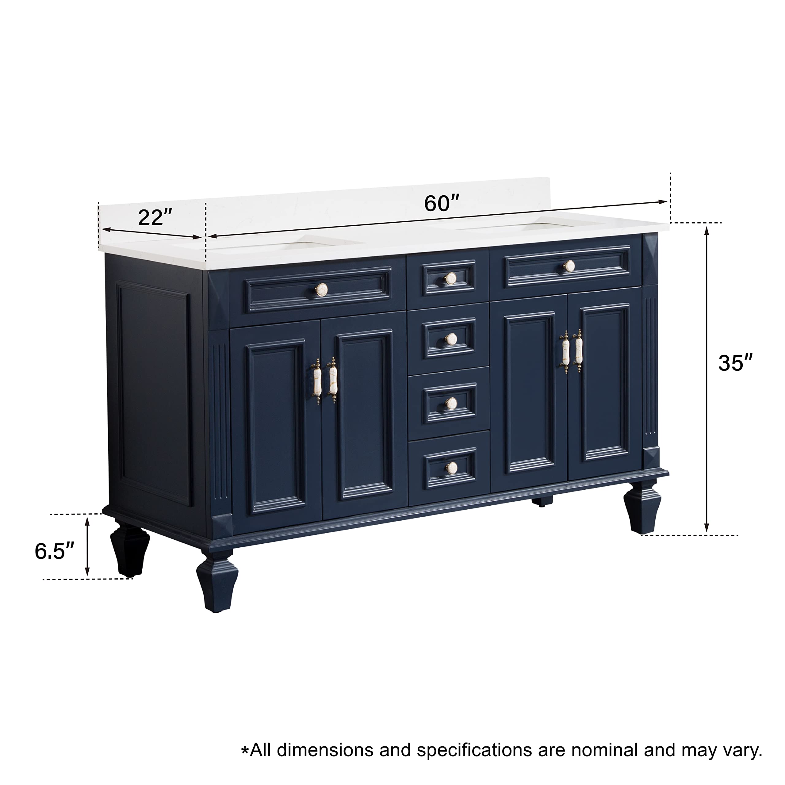 WELLFOR 60 Inch Double Sink Bathroom Vanity Set with Anti-Fog Mirrors, Wood Cabinet with Doors & Drawers, Navy Blue Freestanding Vanity with Quartz Countertop - Perfect for Master Bathroom, Guest Bath & Powder Room Renovations