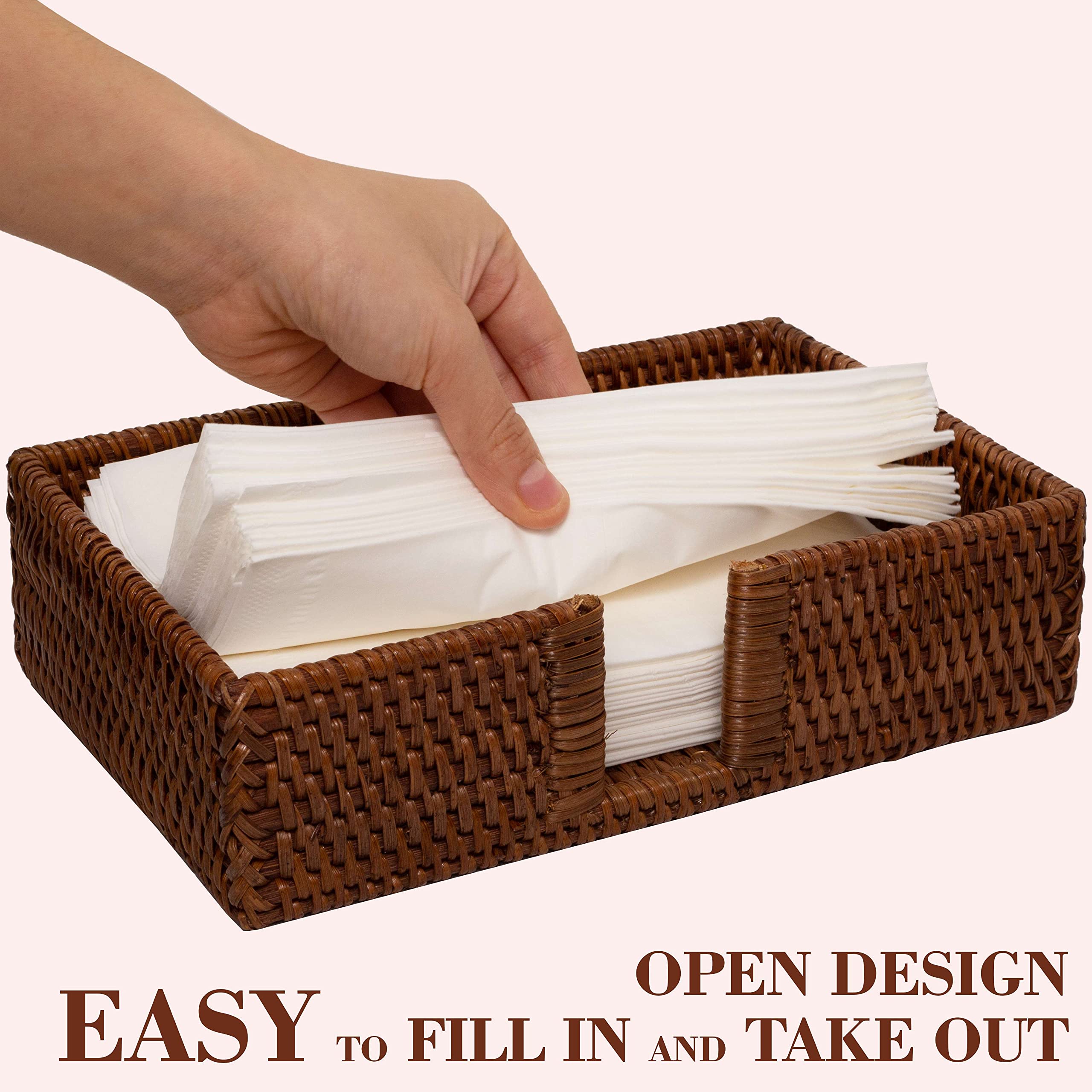 Dark Brown Rattan Bathroom Towel Holder - 9.4 x 5.9 x 2.4 Inch Wicker Tissue Paper Storage Basket for Guest Towels, Napkins & Luncheon Supplies | Perfect for Toilet Tank, Kitchen Countertop & Bathroom Organization