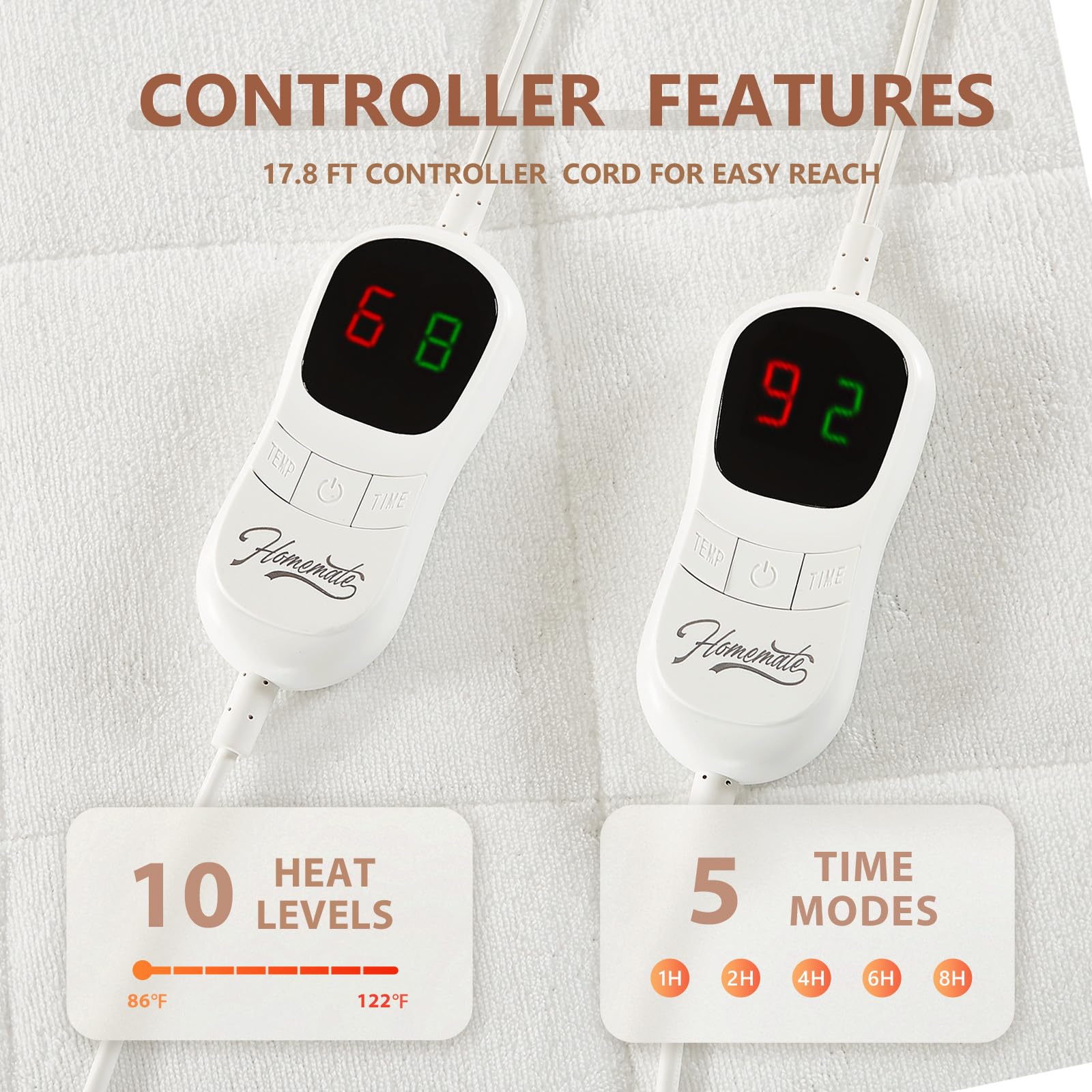 Homemate Queen Size Electric Heated Mattress Pad - 5 Heat Settings, Coral Fleece, Dual Controller & Auto-Off (10 Hours) - Fits Up to 21