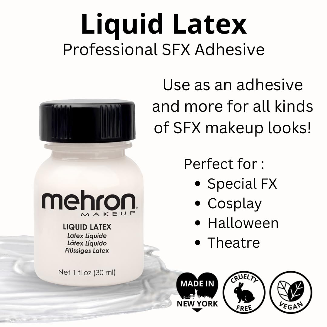 Mehron Liquid Latex for SFX & Halloween Makeup - 1 fl oz (30 ml) Clear Flesh Prosthetic Adhesive | Professional Special Effects, Costume & Theater Makeup | Perfect for Creating Wounds, Scars & Monster Effects