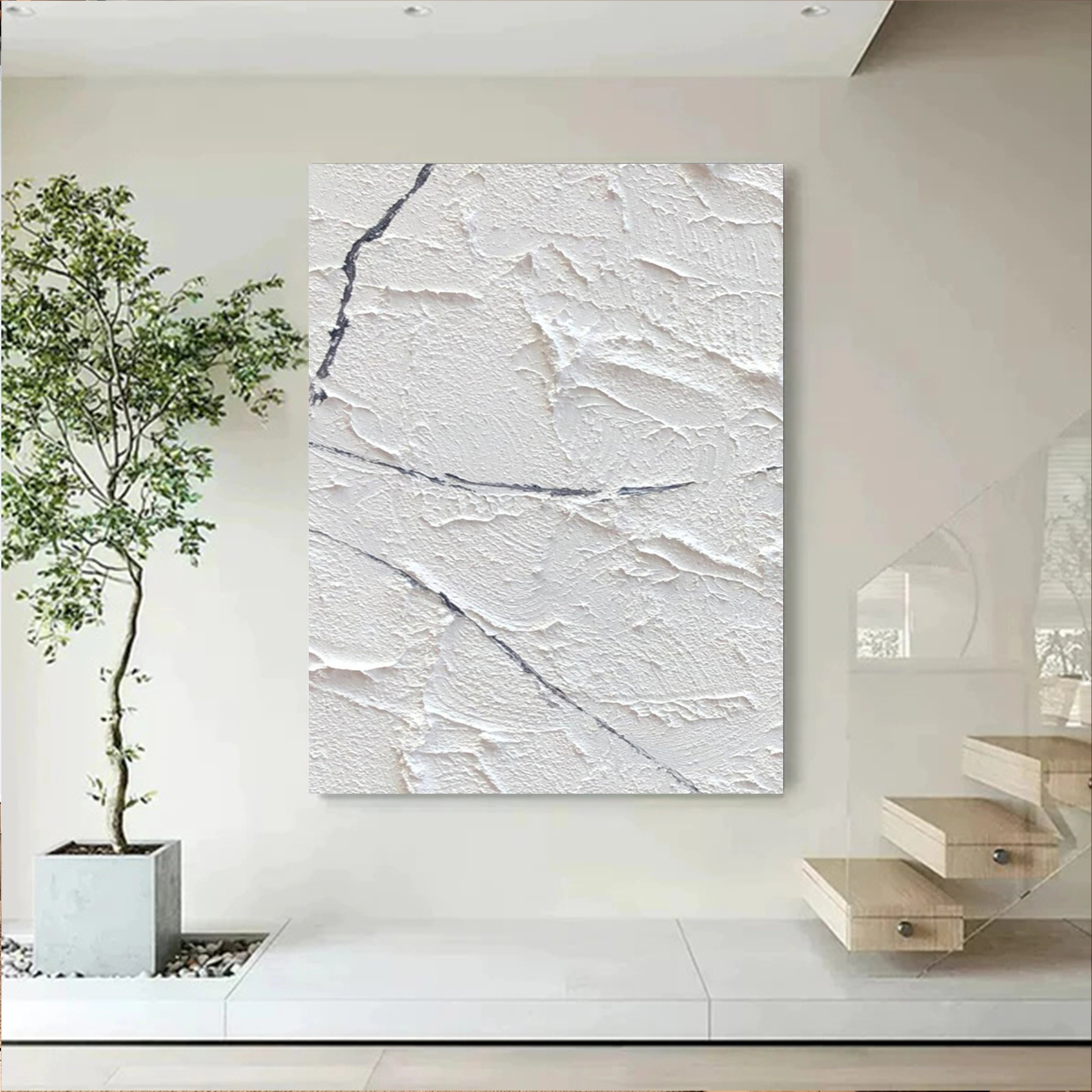 White Minimalist Textured Painting Canvas #MM142 - Premium Abstract Wall Art for Modern Home & Office Decor