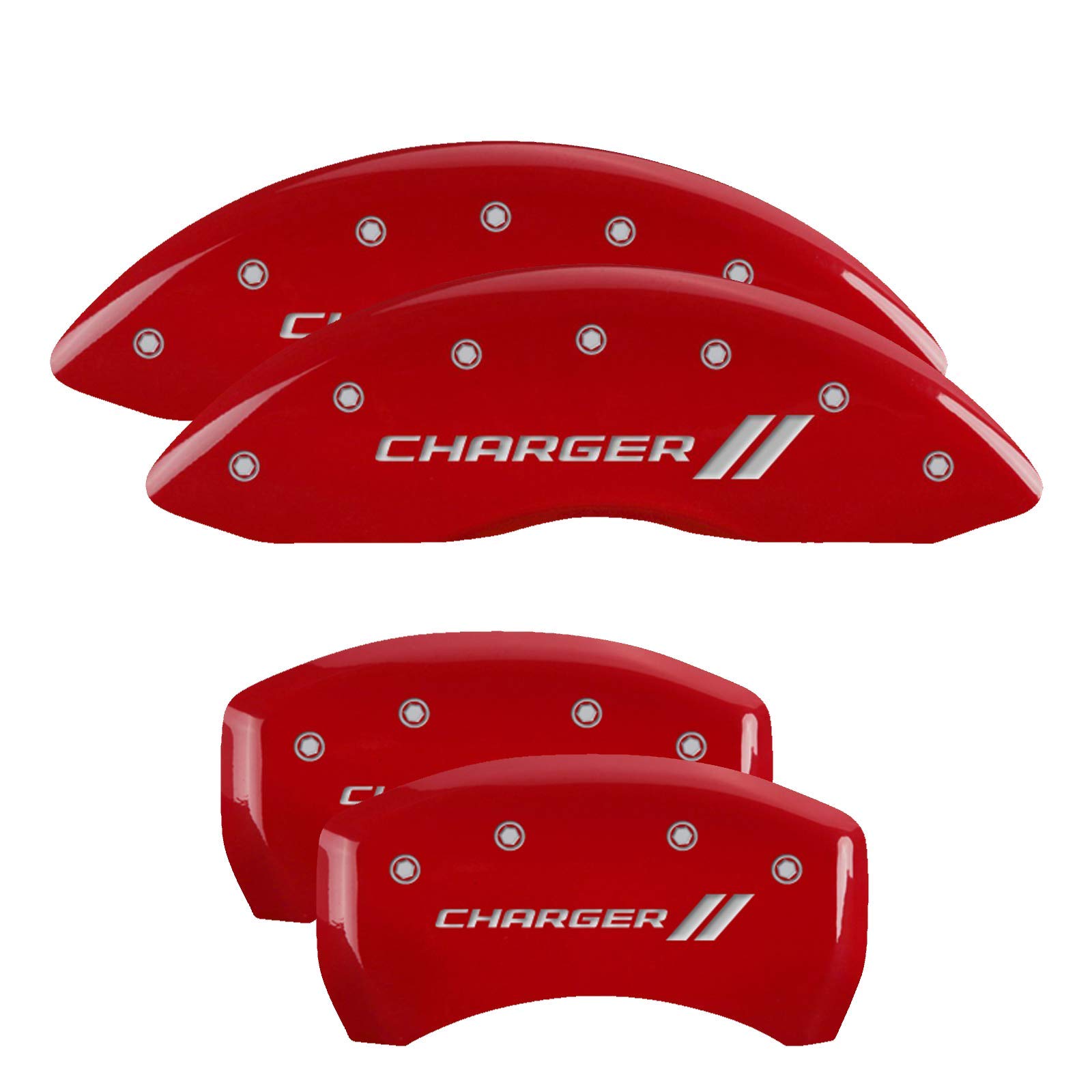 MGP Brake Caliper Covers for 2011-2023 Dodge Challenger & Charger - Dual Piston Front & Rear Set with Charger II Logo in Red | Automotive Upgrade for Enhanced Style & Performance