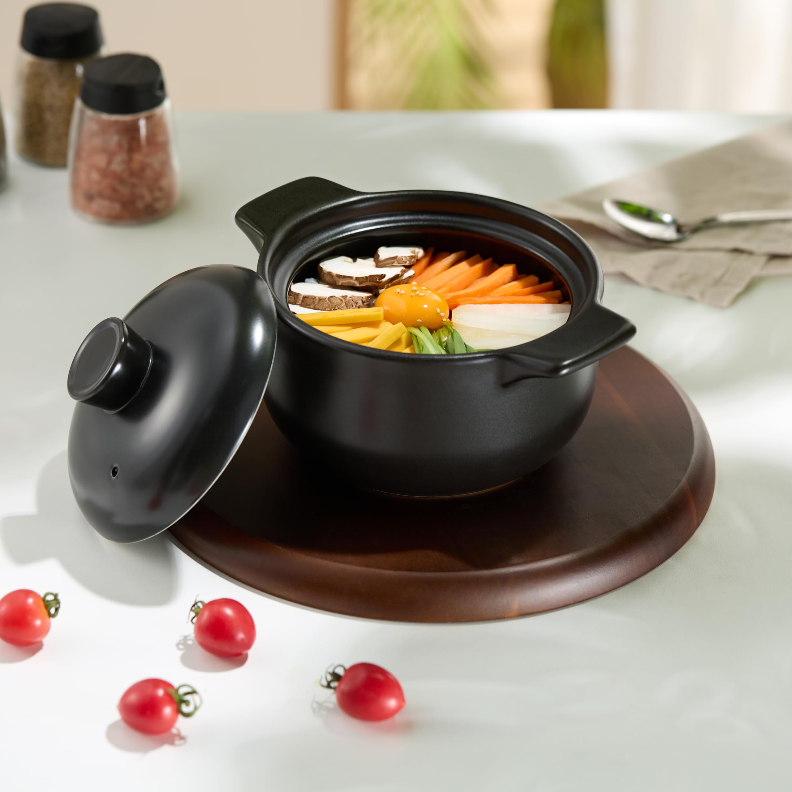 Premium Korean Dolsot Stone Bowl Set with Lid - 38oz Black Stone Pot for Bibimbap, Kimchi, Hot Pot, Soup & Stew - Oven & Dishwasher Safe - Perfect for Authentic Korean Cooking & Serving at Home