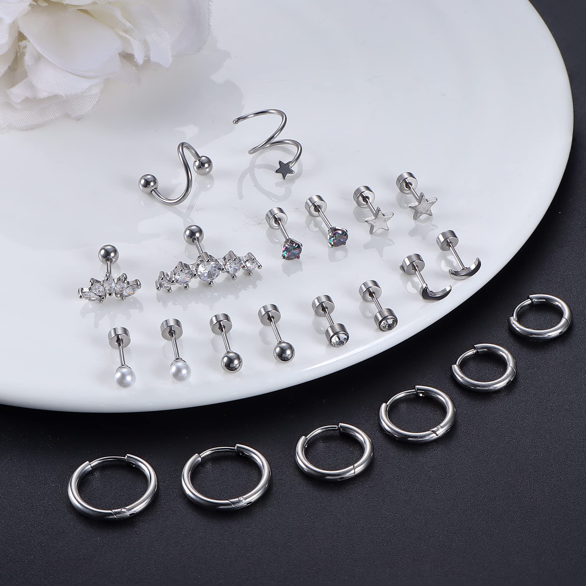 FIBO STEEL 20G Cartilage Earrings Set for Women - Huggie Hoop, Flat Back Stud, Star Moon Butterfly CZ Earrings, Dangle Chain Helix Tragus Piercing Jewelry | Perfect for Daily Wear, Parties & Gifts