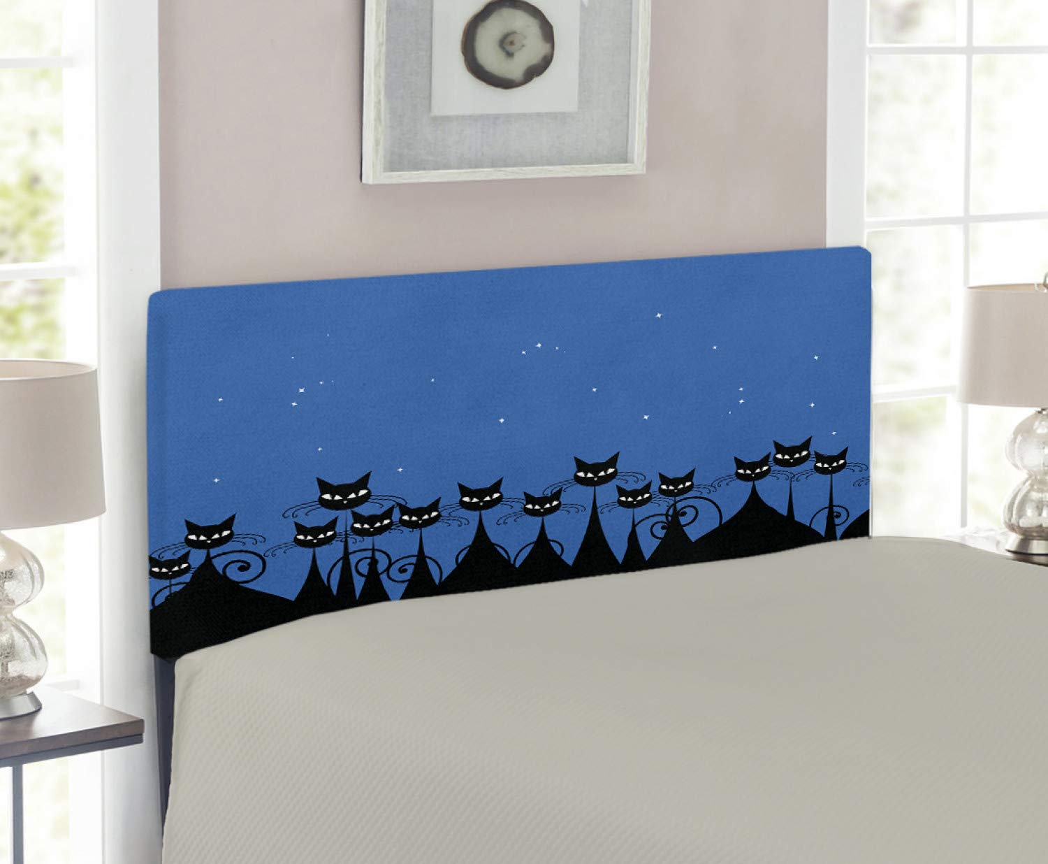 Ambesonne Twin Size Upholstered Headboard with Memory Foam - Black Cats & Starry Sky Design, Blue Black White Decorative Metal Bed Headboard for Cozy Bedroom Decor | Perfect for Cat Lovers & Modern Home Interiors