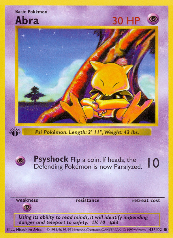 Rare Abra 43/102 Shadowless Pokemon Card - Base Set 1st Edition for Collectors & TCG Players | Perfect for Gaming, Trading & Display