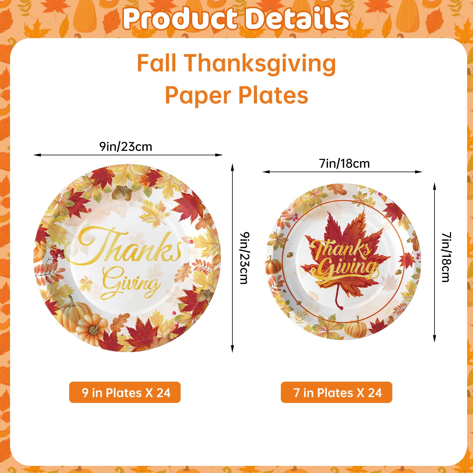 48 Pcs Thanksgiving Disposable Paper Plates Set - Fall Pumpkin & Maple Leaf Design Round Party Dinnerware for Autumn Thanksgiving Day, Halloween, Harvest Festival Decorations | Perfect for Holiday Gatherings, Family Dinners & Seasonal Table Settings