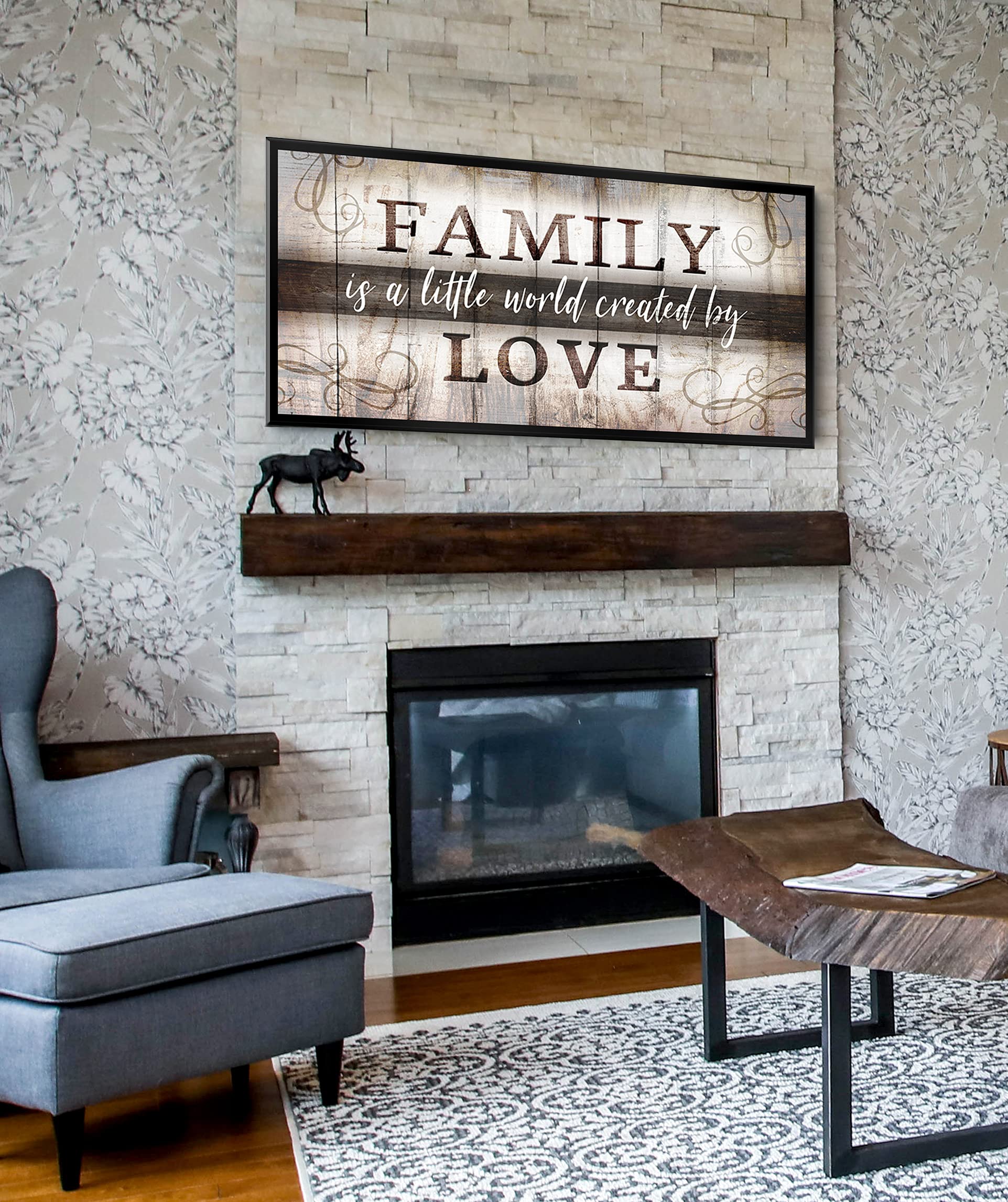 Family Wall Art - Farmhouse Decor for Living Room - Brown & Black Floating Frame 42x19