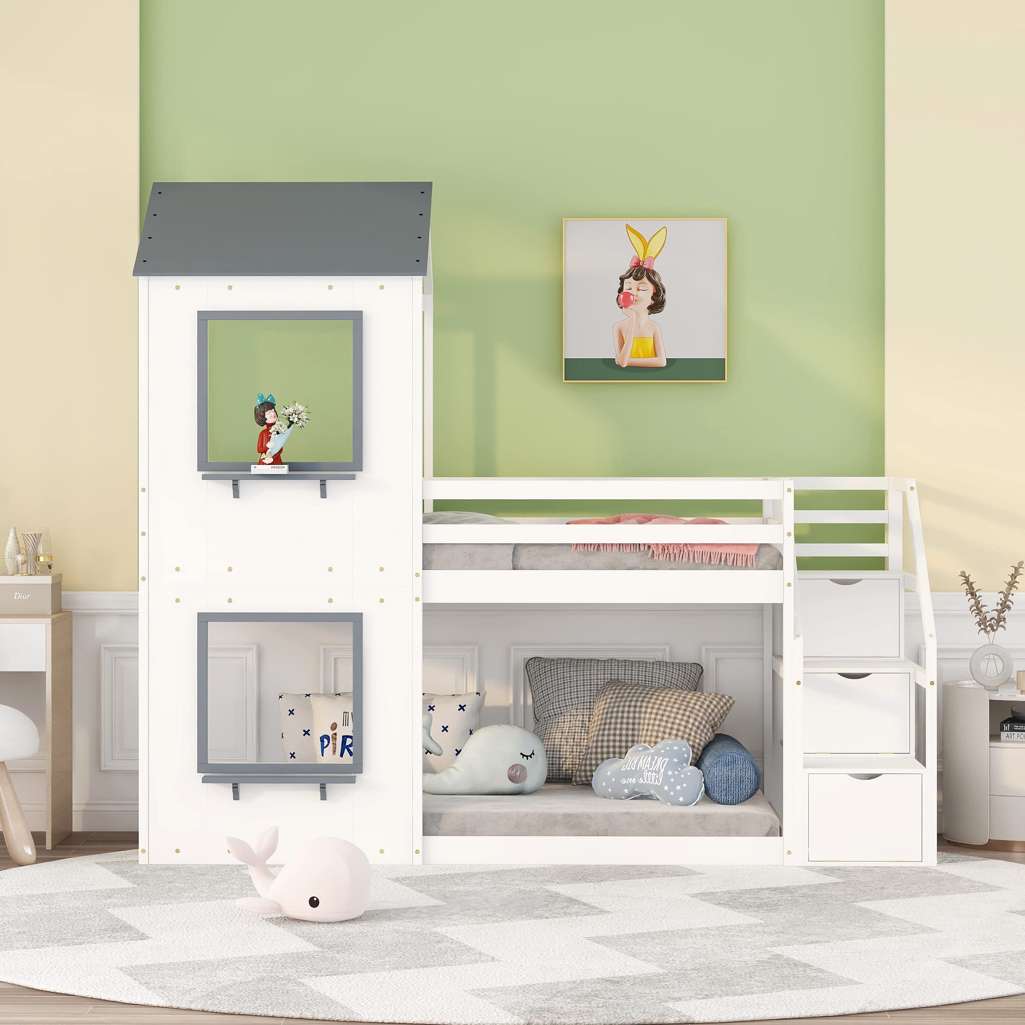 Polibi Twin Over Twin Wooden Bunk Bed with Storage Stairs, Roof, Window, Ladder & Guardrails - Space Saving Kids Bedroom Furniture for Small Rooms (White) - Perfect for Shared Kids' Rooms, Sleepovers and Vacation Homes