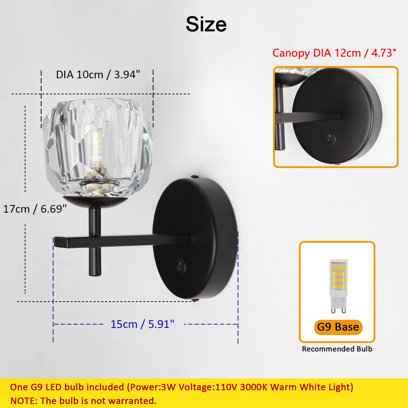 Modern Black Crystal Globe Wall Sconces - Set of 2 with Switch Button, Indoor Wall Mount Lighting Fixtures for Bedroom, Hallway & Living Room - Elegant Home Decor Lighting Solution