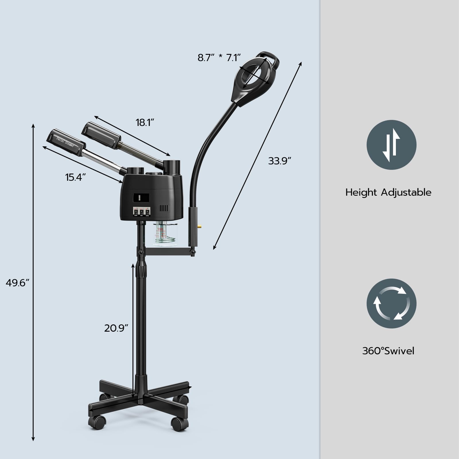 Professional 3-in-1 Facial Steamer with Wheels for Estheticians - Black Beauty Steamer with 5X LED Magnifying Lamp & Hot/Cold Mist Function | Perfect for Spa Treatments, Skin Care Clinics & Home Facial Therapy