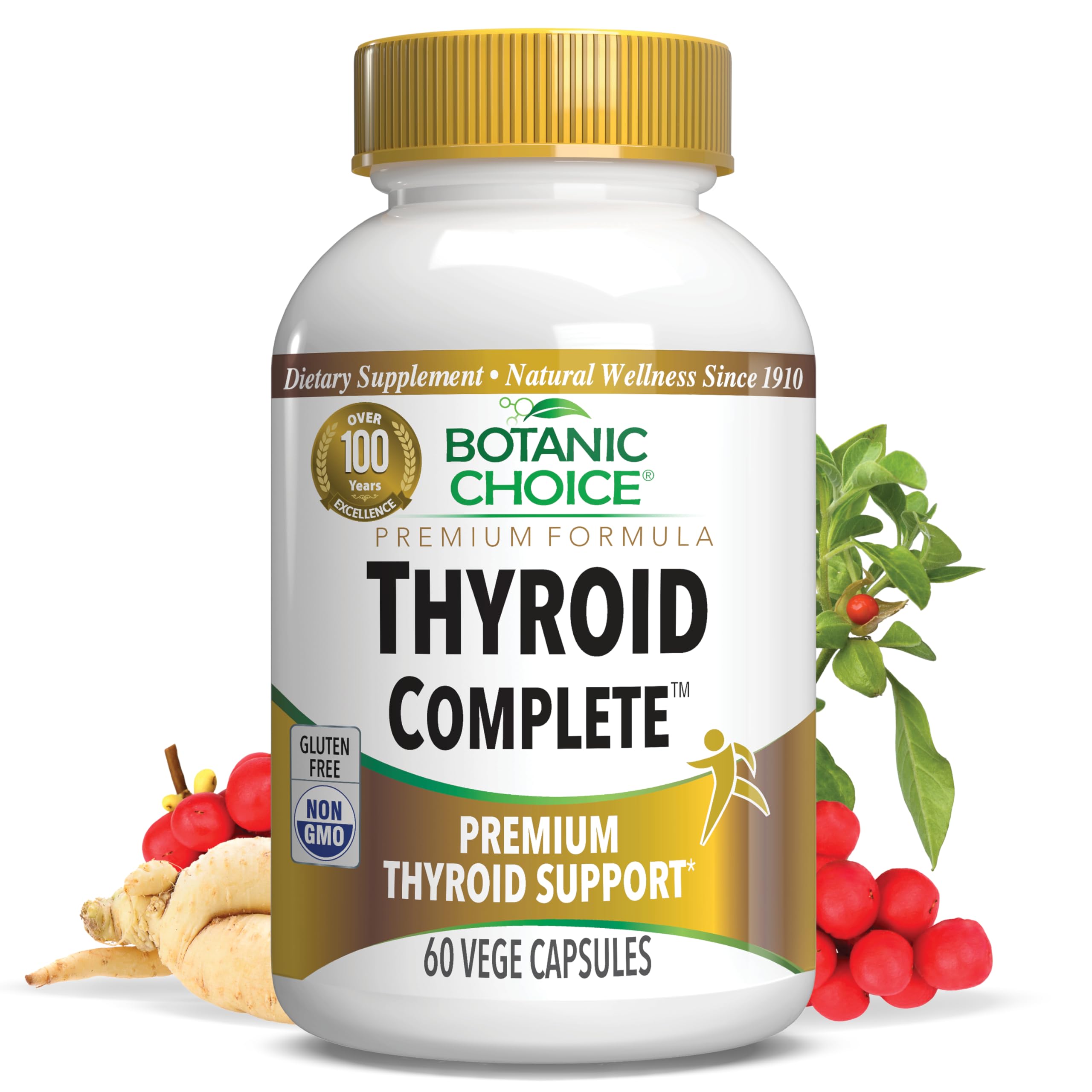 Botanic Choice Thyroid Complete Supplement with Ashwagandha, Schisandra Chinensis & Iodine - Supports Thyroid Function, Energy, Hair & Nail Health - 60 Vegetarian Capsules - Ideal for Hormone Balance & Heart Health Support
