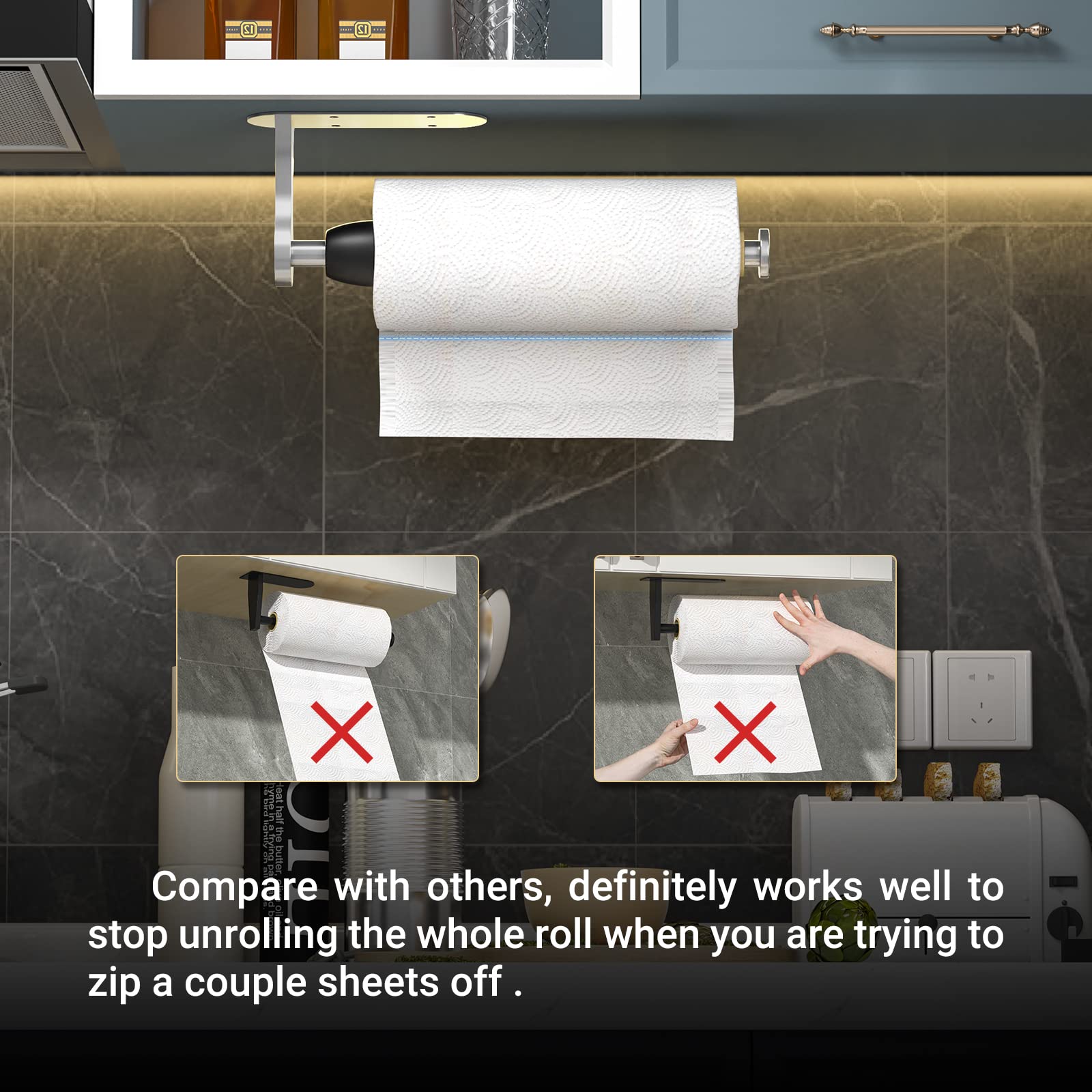 Stainless Steel Under Cabinet Paper Towel Holder - One-Handed Tear, Wall Mount & Adhesive - Silver Kitchen Roll Holder with Ratchet Mechanism for Farmhouse, Bathroom & Kitchen Decor | Perfect for Easy Access While Cooking, Cleaning & Home Organization