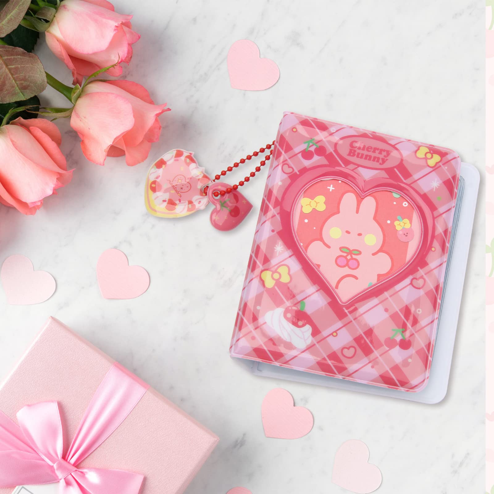 3 Inch Mini Photo Album - 40 Pocket Kpop Photocard Holder with Heart Cherry Pendant & Rabbit Card | Cute Hollow Out Binder for Collecting Pictures (Red) | Perfect for Kpop Fans, Memory Keeping, and Gift Giving