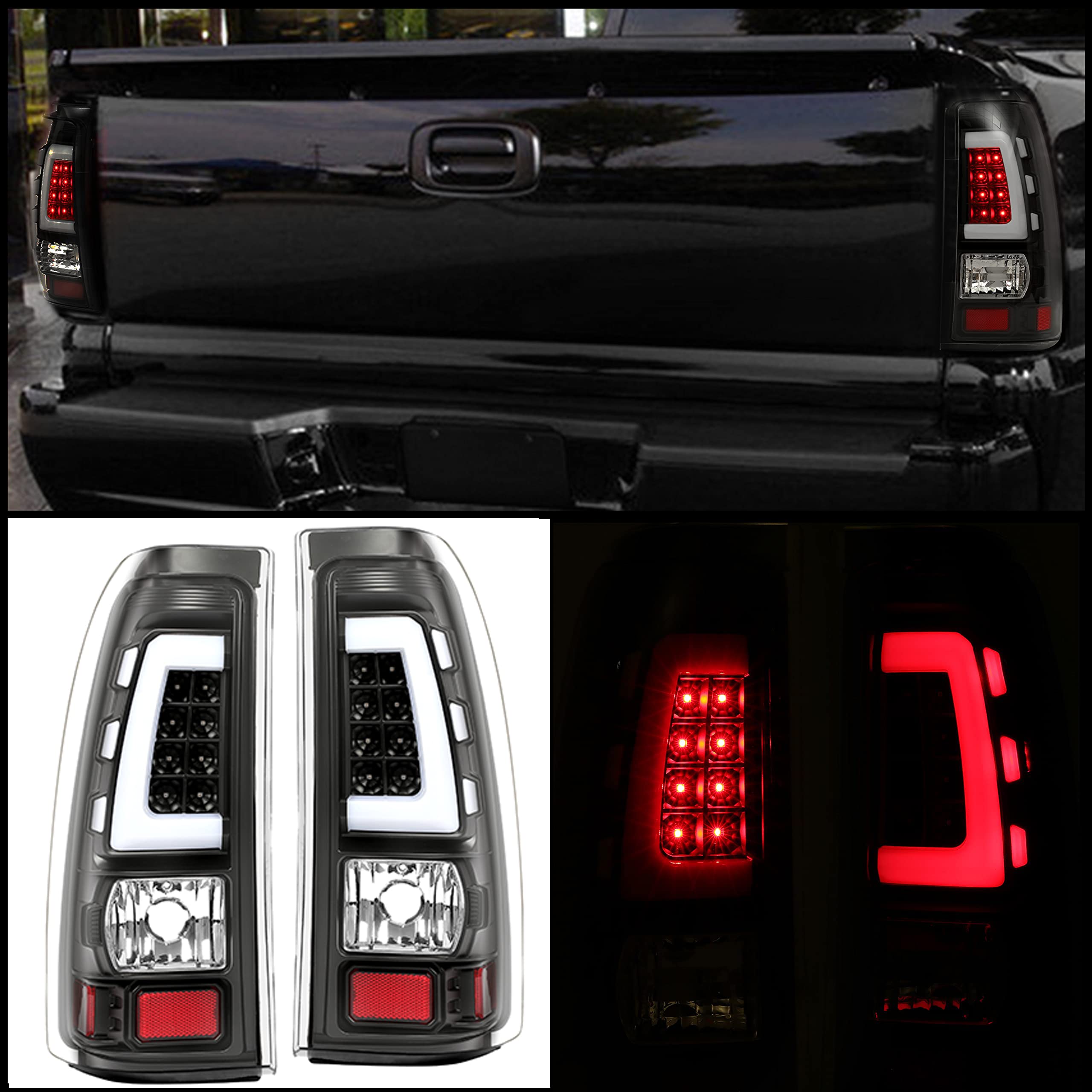 Kojem LED Tail Lights for 1999-2006 Chevy Silverado & 1999-2002 GMC Sierra 1500/2500/3500 - Black Housing with Clear Lens LED Tube Bar Taillight - Upgrade Your Truck's Style & Night Visibility