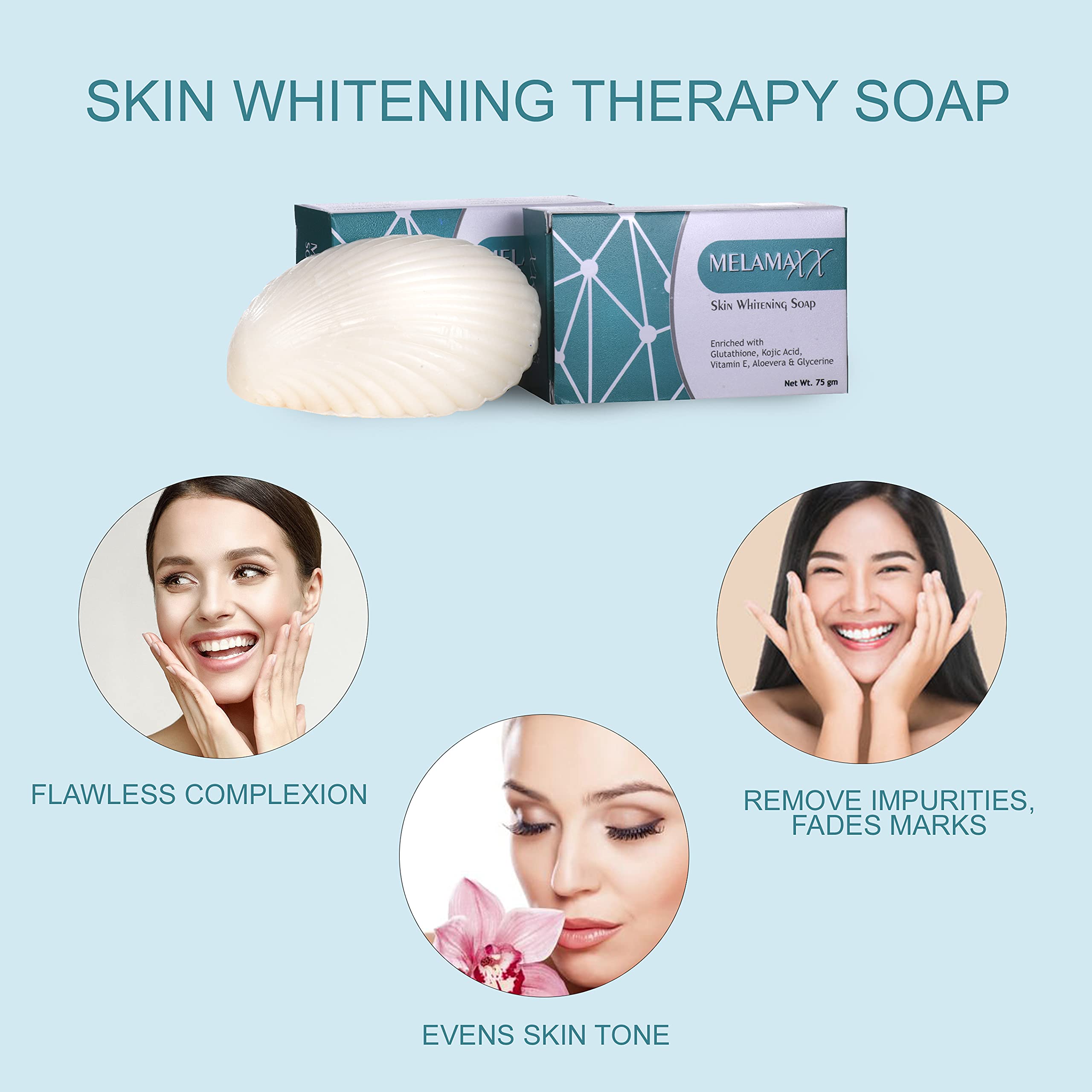 Melamaxx Skin Whitening Soap - 75g Natural Brightening Bar for Face & Body | Dark Spot Corrector, Even Skin Tone | Perfect for Daily Skincare Routine & Glowing Complexion