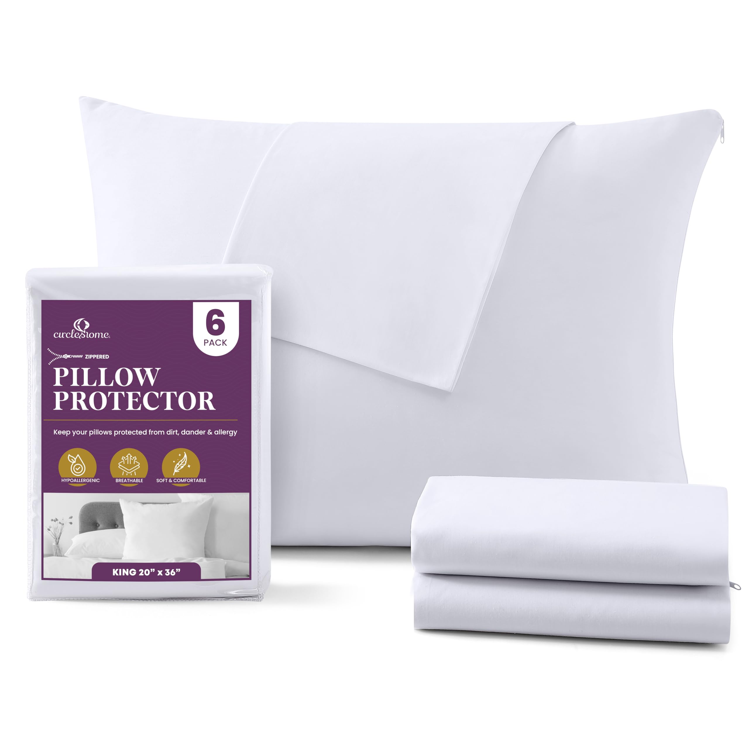 CirclesHome 6 Pack King Size Zippered Pillow Protectors - 100% Cotton Breathable Pillow Covers for Dust & Allergy Protection (20x36 Inches) - Perfect for Bedroom, Guest Room & Travel Use