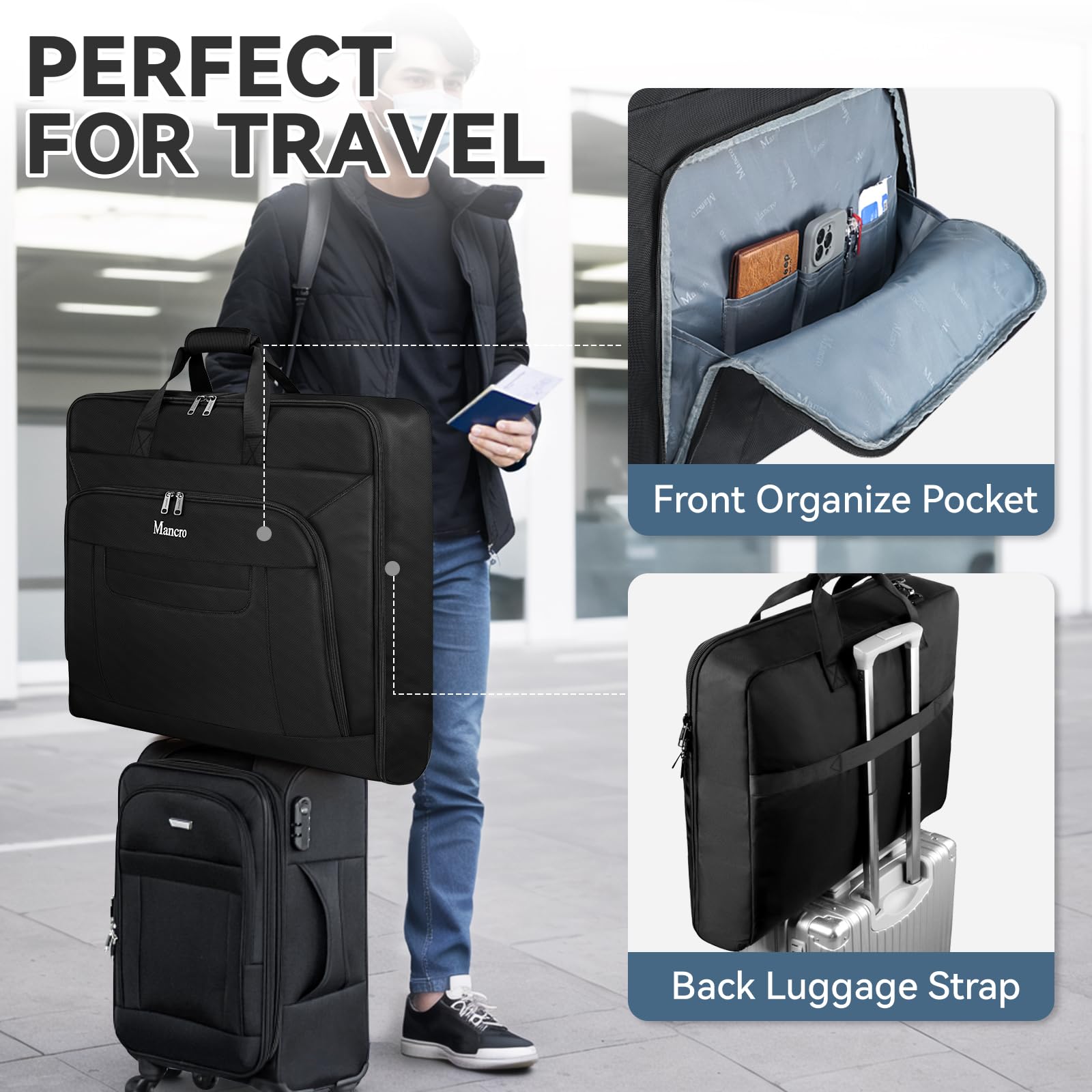 Waterproof Foldable Travel Garment Bag with Shoulder Strap - 2 in 1 Carry On Luggage for Suits & Coats | Business Trip Essentials for Men & Women | Perfect for Airplane, Office & Wedding Occasions (Black)