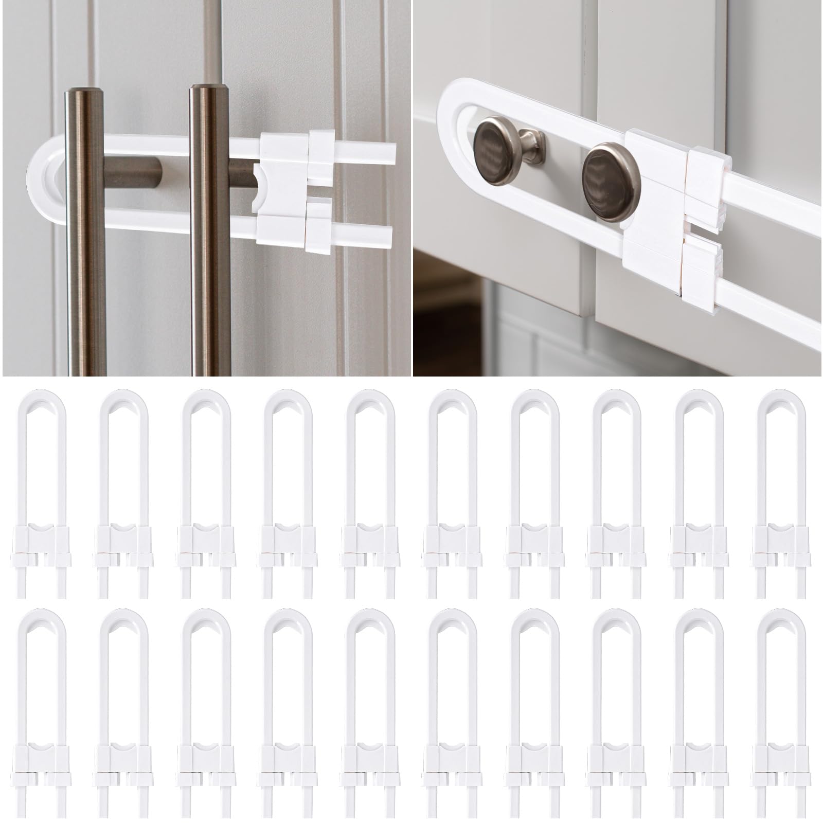20Pcs Baby Safety Cabinet Locks - Childproof U-Shaped Latches for Sliding Doors, Drawers & Cupboards | Adjustable White Cabinet Locks for Handles & Knobs | Perfect for Baby Proofing Kitchens, Bathrooms & Nursery Furniture