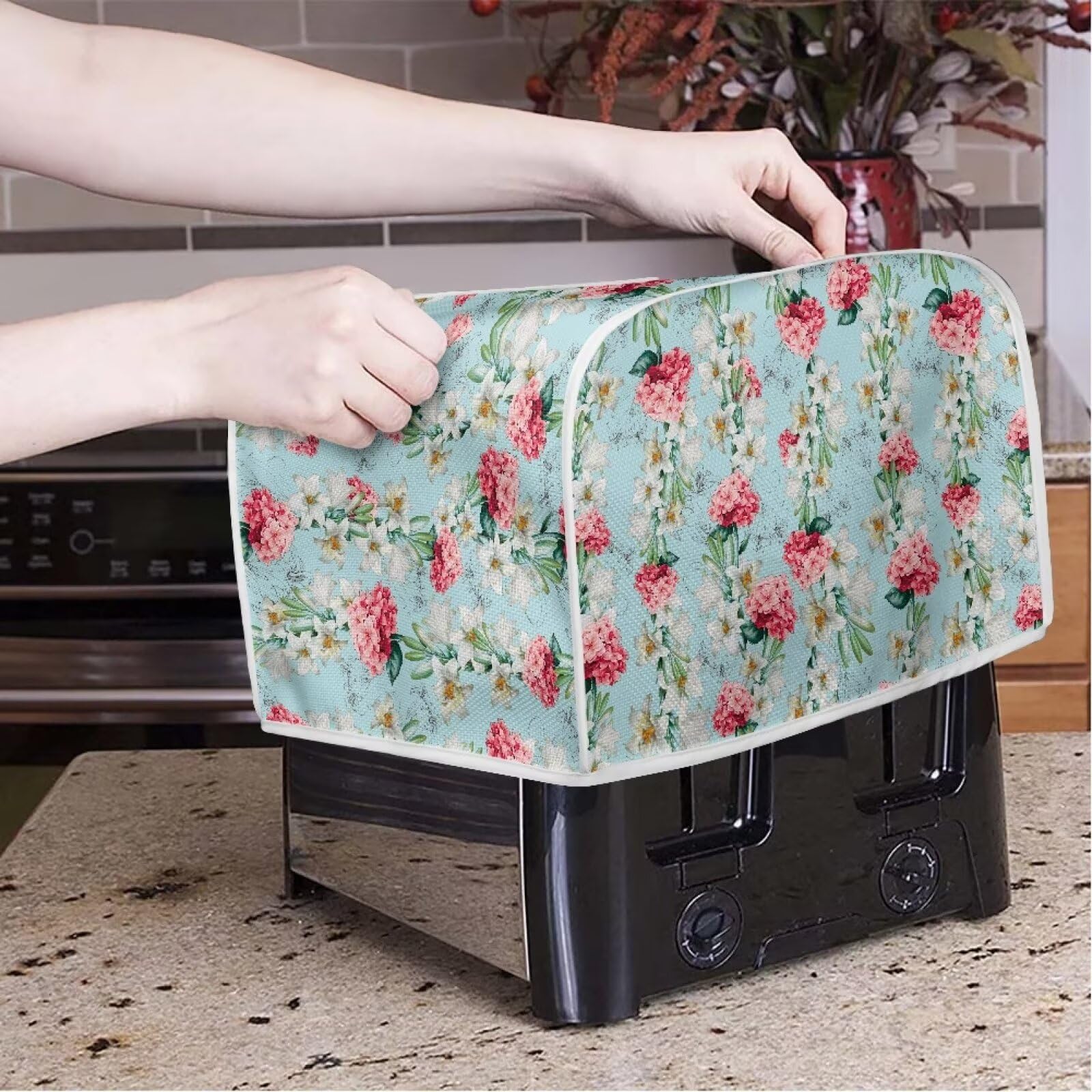 Lotus Orchid Lily Print 4-Slice Toaster Oven Cover - Fingerprint Protection Bakeware Protector, Washable Bread Maker Cover for Kitchen Accessories (Green) - Perfect for Countertop Protection & Kitchen Decor