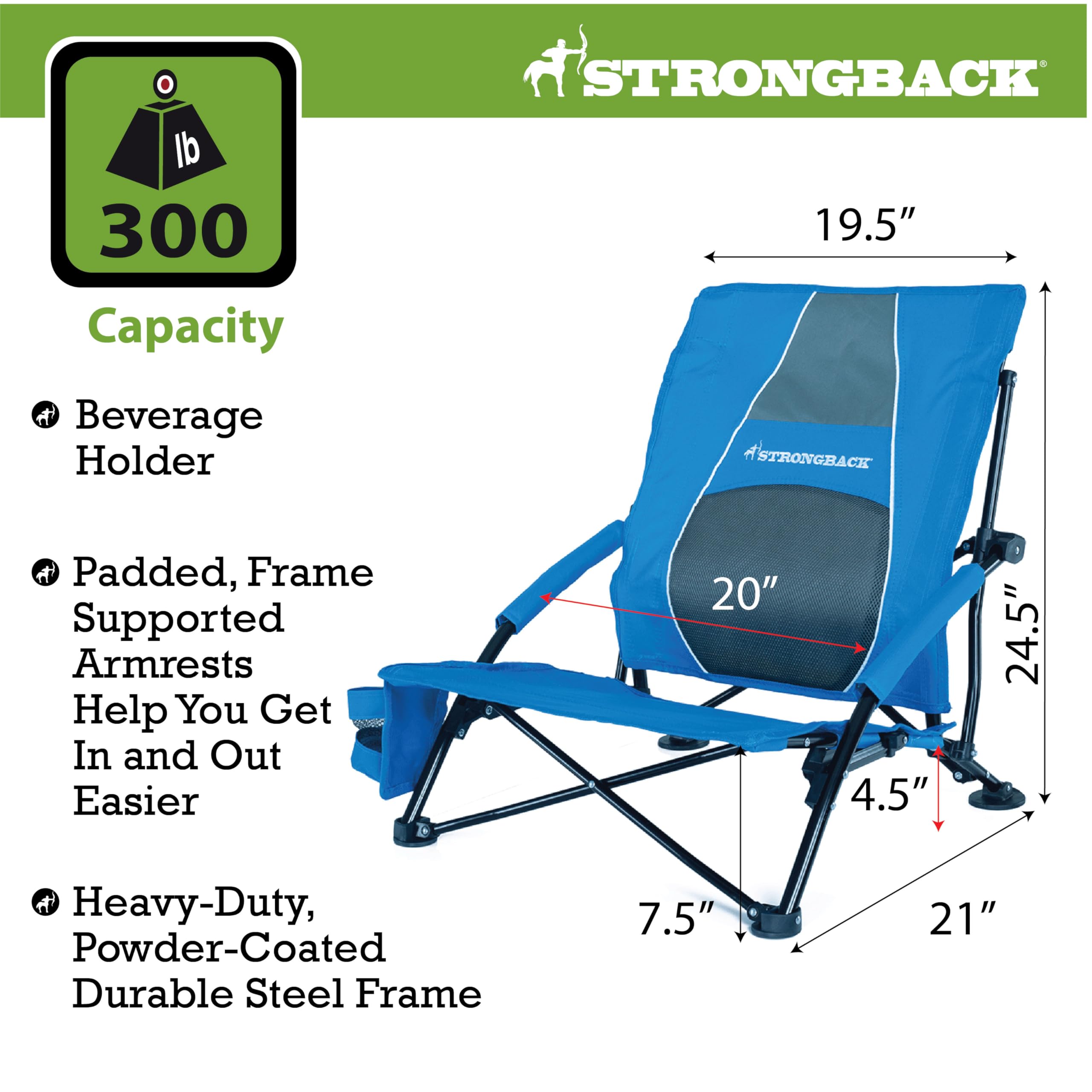 STRONGBACK Low Gravity Beach Chair with Built-in Lumbar Support - Heavy Duty Portable Folding Chair for Adults - Blue - Perfect for Beach, Camping, Backyard & Outdoor Relaxation