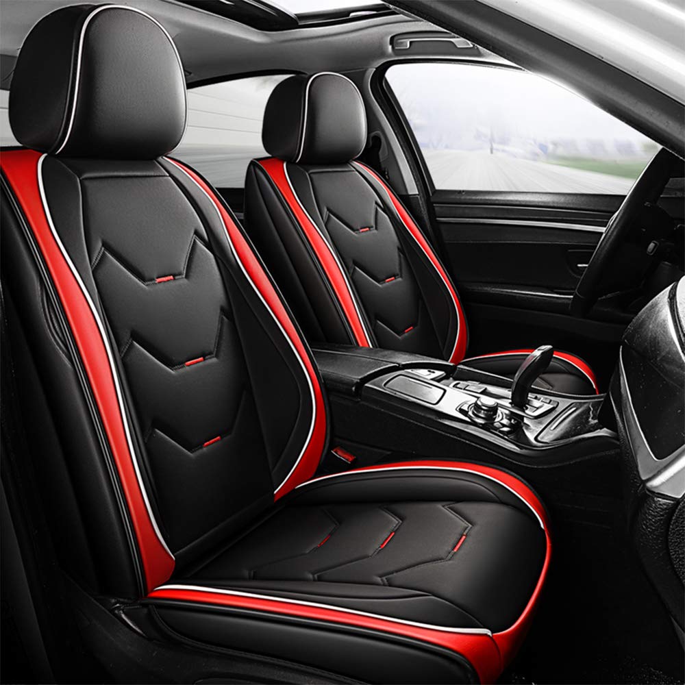 Premium Leather Car Seat Covers Full Set - 5-Piece Waterproof Auto Seat Protectors for Sedans, SUVs & Trucks | Front & Rear Cushion Covers (Black & Red) | Perfect for Daily Commute, Road Trips & Family Protection