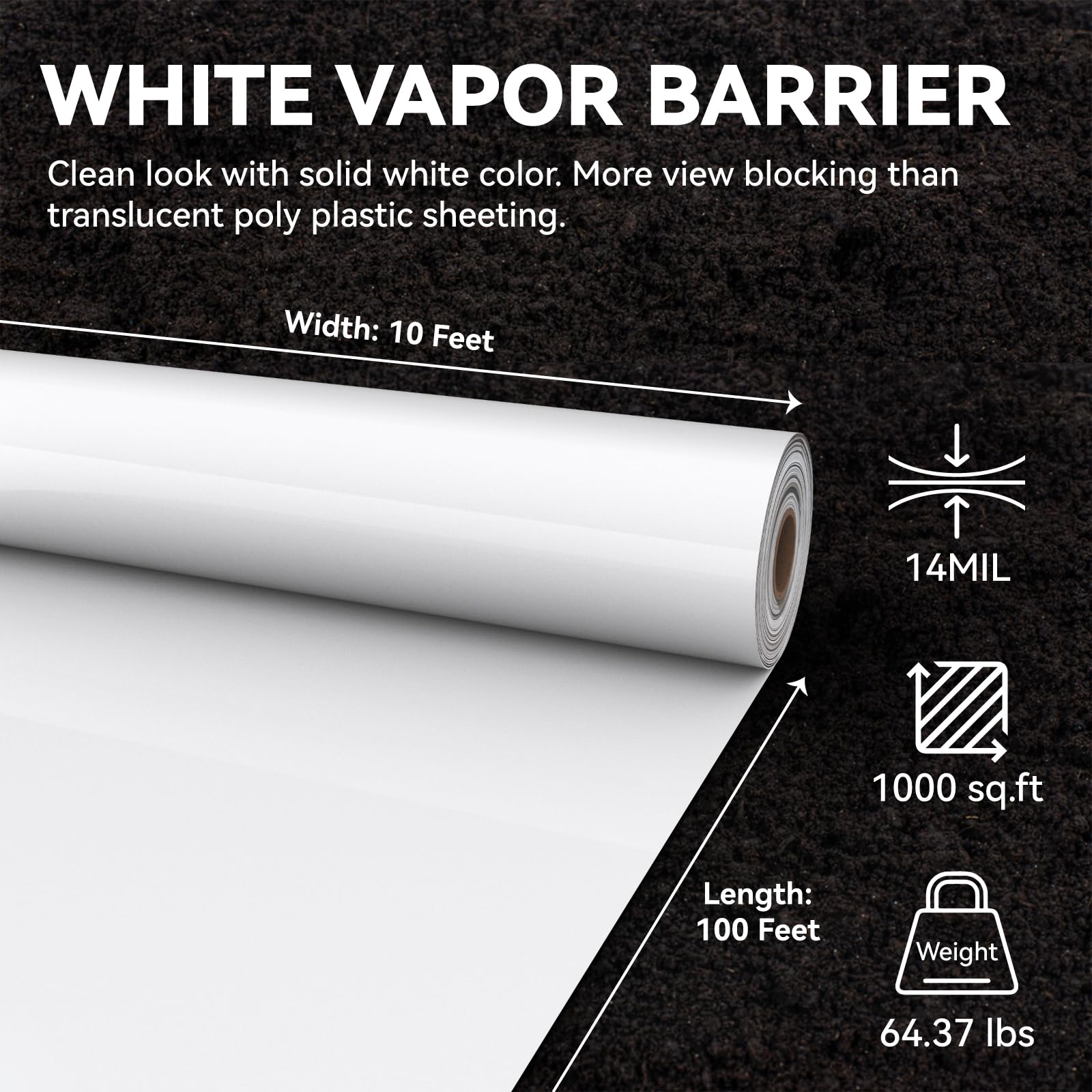 14 Mil White Vapor Barrier - 10' x 100' Heavy Duty Polyethylene Film for Crawl Space & Basement | Thick Plastic Sheeting, Moisture Barrier, Floor Protection, DIY Home Improvement Project
