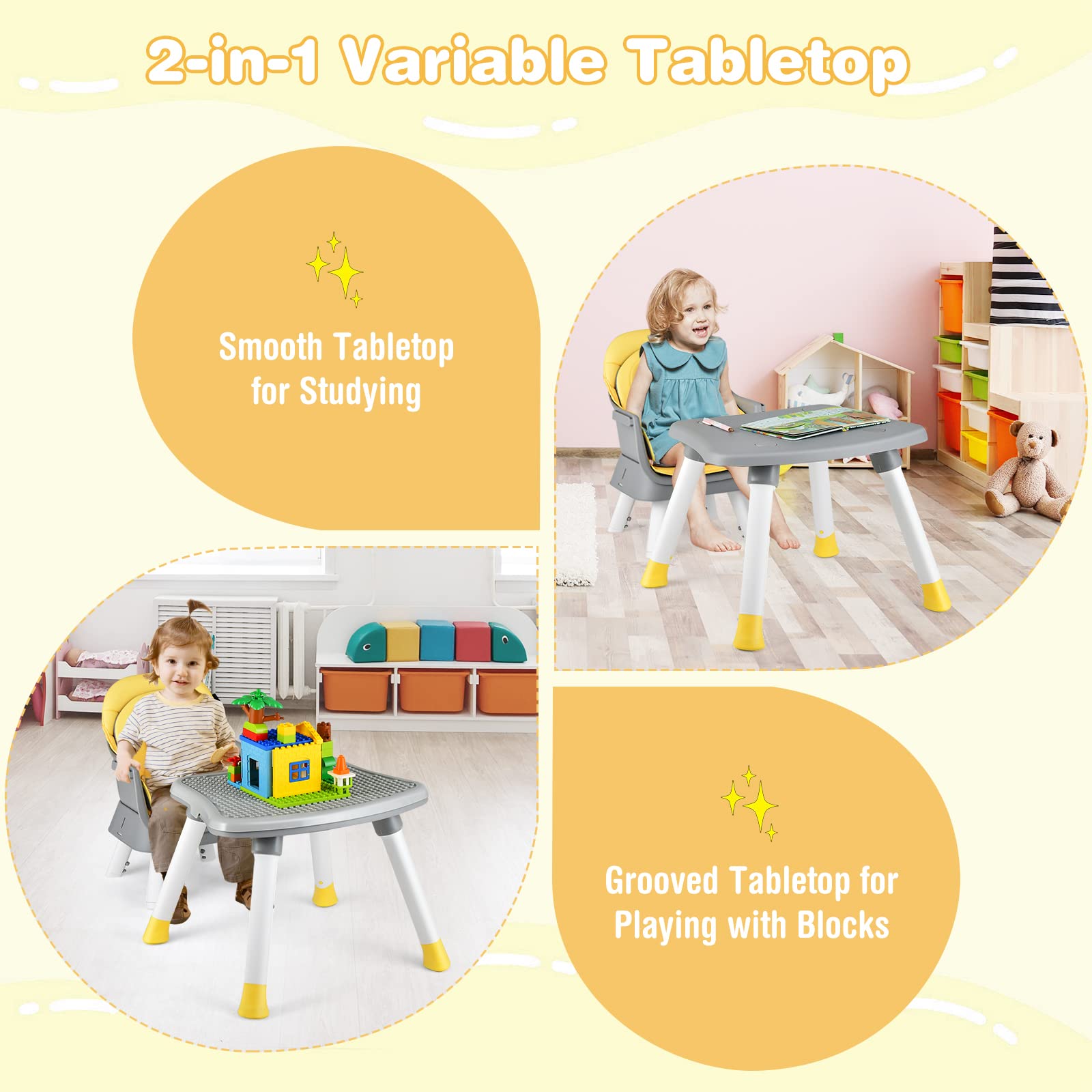 HONEY JOY 8-in-1 Convertible Baby High Chair with Safety Harness - Toddler Dining Chair, Booster Seat, Building Block Table & Stool Set (Yellow) - Perfect for Feeding, Playtime & Learning Activities