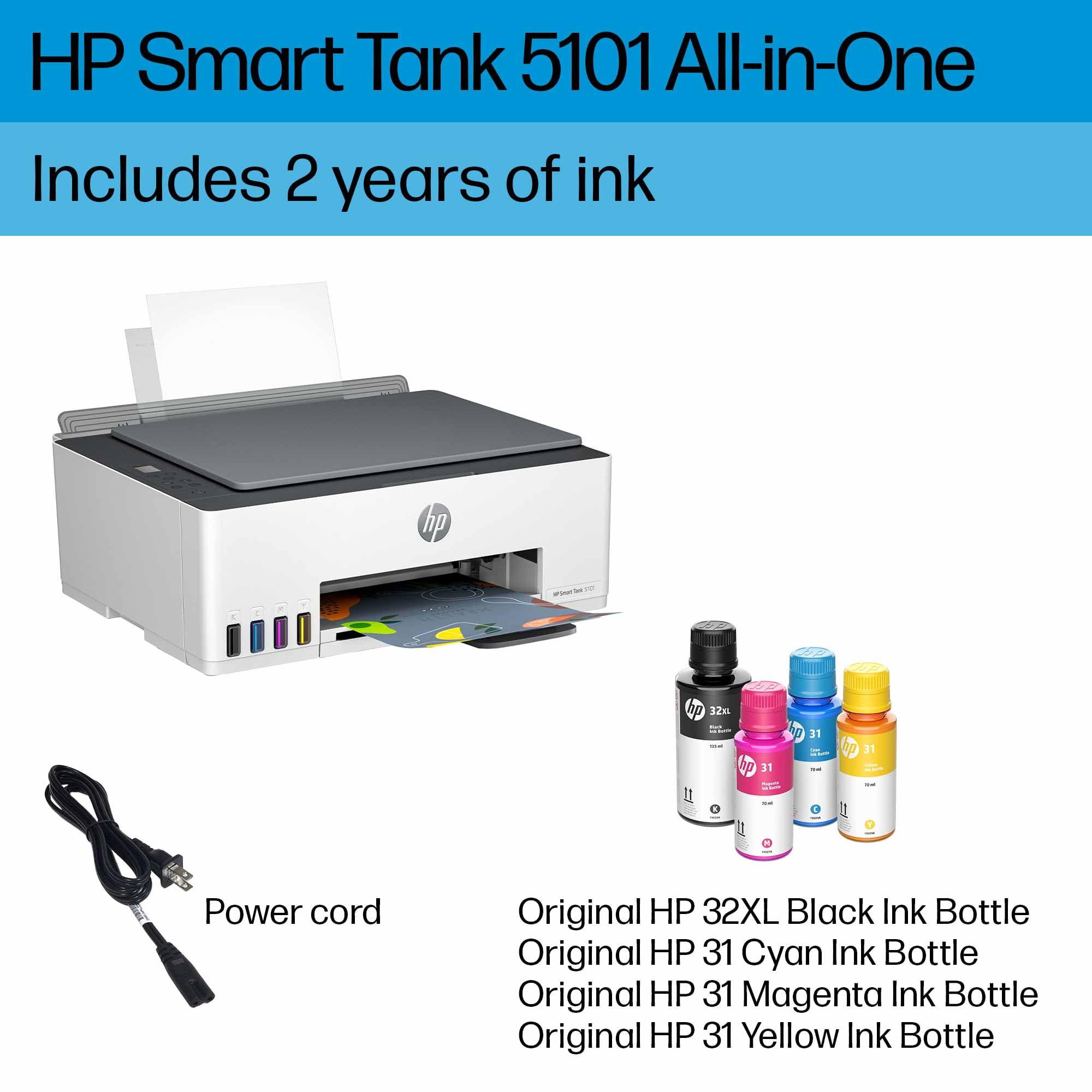 HP Smart Tank 5101 Wireless All-in-One Ink Tank Printer with 2 Years of Ink Included - Print, Scan, Copy - Best for Home & Office Use - Refillable Ink Tank System (1F3Y0A) - Perfect for Remote Work, School Projects, and Small Business Printing Needs