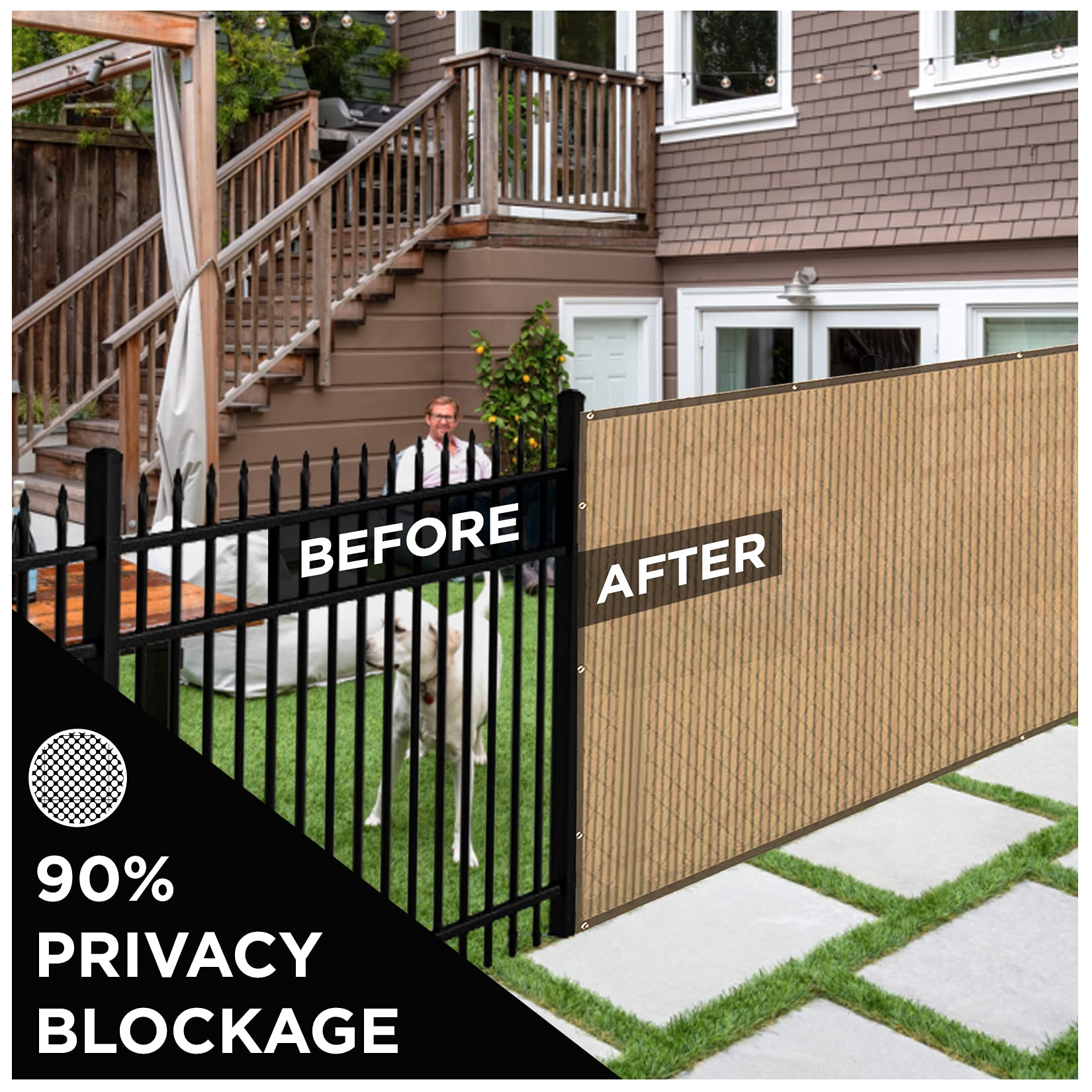 Boen 6' x 50' Beige Backyard Privacy Screen Fence Cover - Instant Outdoor Windproof Shade Solution for Metal, Chain Link, Wood & Plastic Fencing - Perfect for Patio, Deck, Poolside & Garden Privacy Protection
