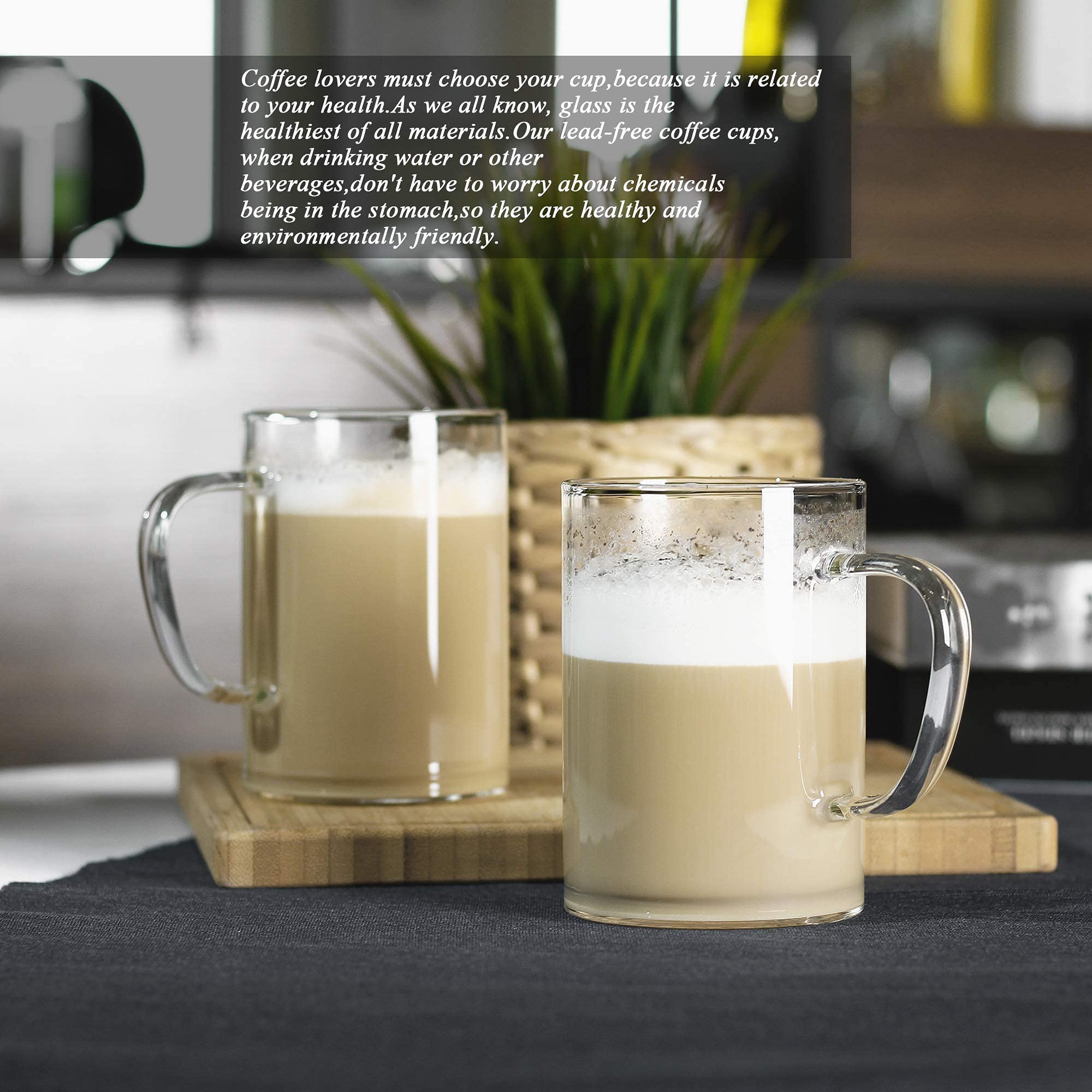 LUXU 16 oz Glass Coffee Mugs Set of 4 - Clear Drinking Glasses for Iced Coffee, Tea, Hot Beverages - Flat Bottomed Design - Perfect for Home, Office, Cafe & Restaurant Use