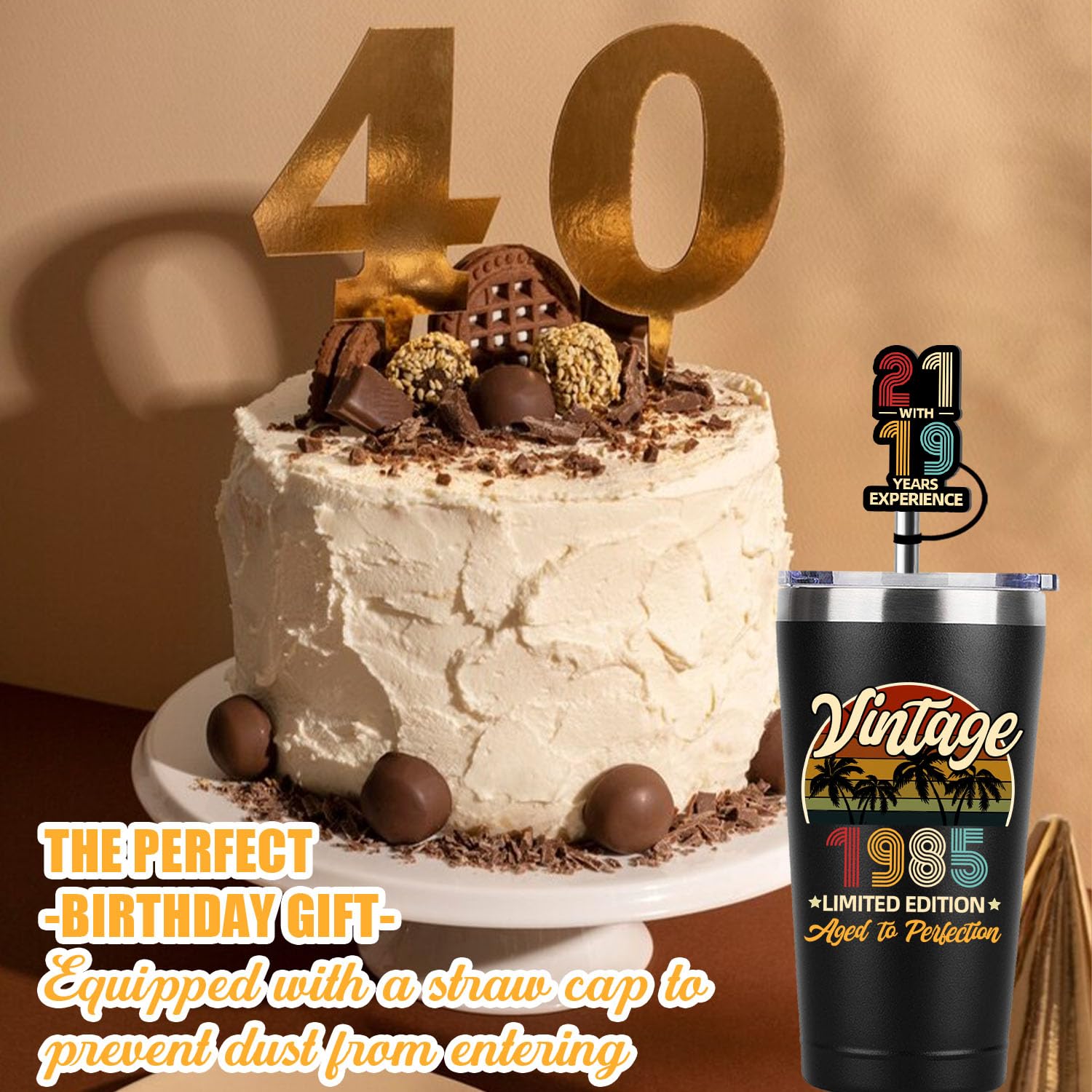 Vintage 40th Birthday Thermos Cup - 20oz Insulated Tumbler with Brush Straw & Straw Cap - Funny 1985 Themed Gift for Men & Women - Perfect for Office, Home & Travel Use