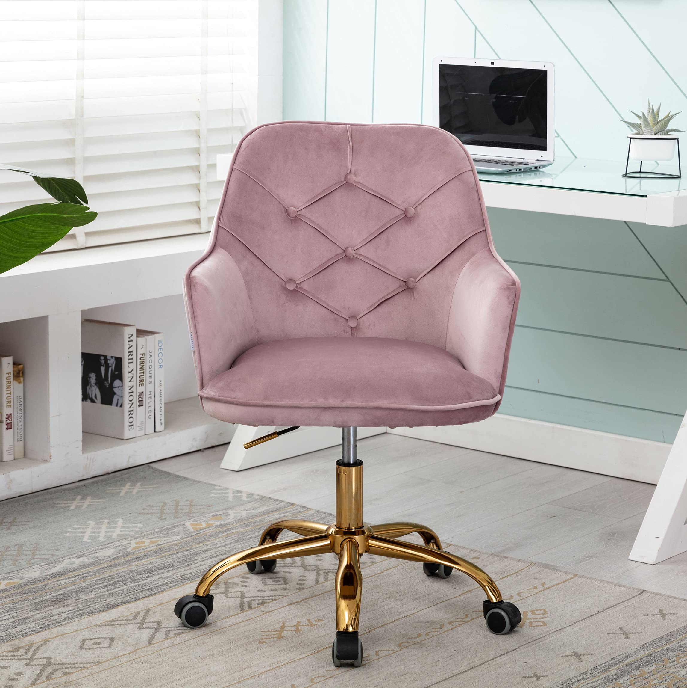 Goujxcy Velvet Home Office Chair - Adjustable Swivel Desk Chair with Gold Base, Modern Upholstered Task Chair for Executive Workspace, Vanity Desk or Accent Seating (Pink & Gold) - Perfect for Remote Work, Gaming Setup & Makeup Station