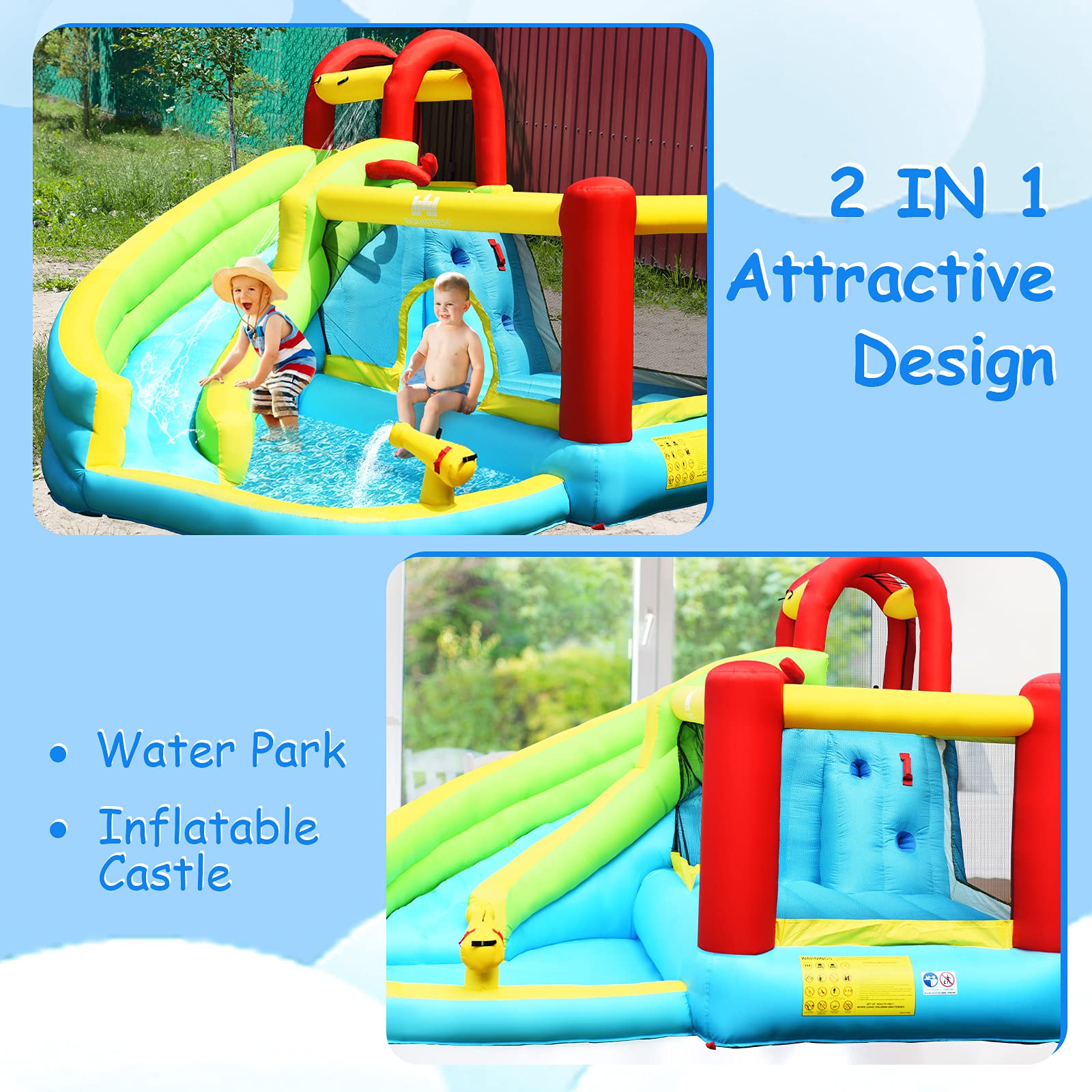BOUNTECH Inflatable Bounce House Water Slide with 480W Blower, Splash Pool & Water Cannon - Outdoor Bouncy Castle for Kids, Boys & Girls - Perfect for Backyard Parties, Summer Fun, Birthday Gifts & Outdoor Play